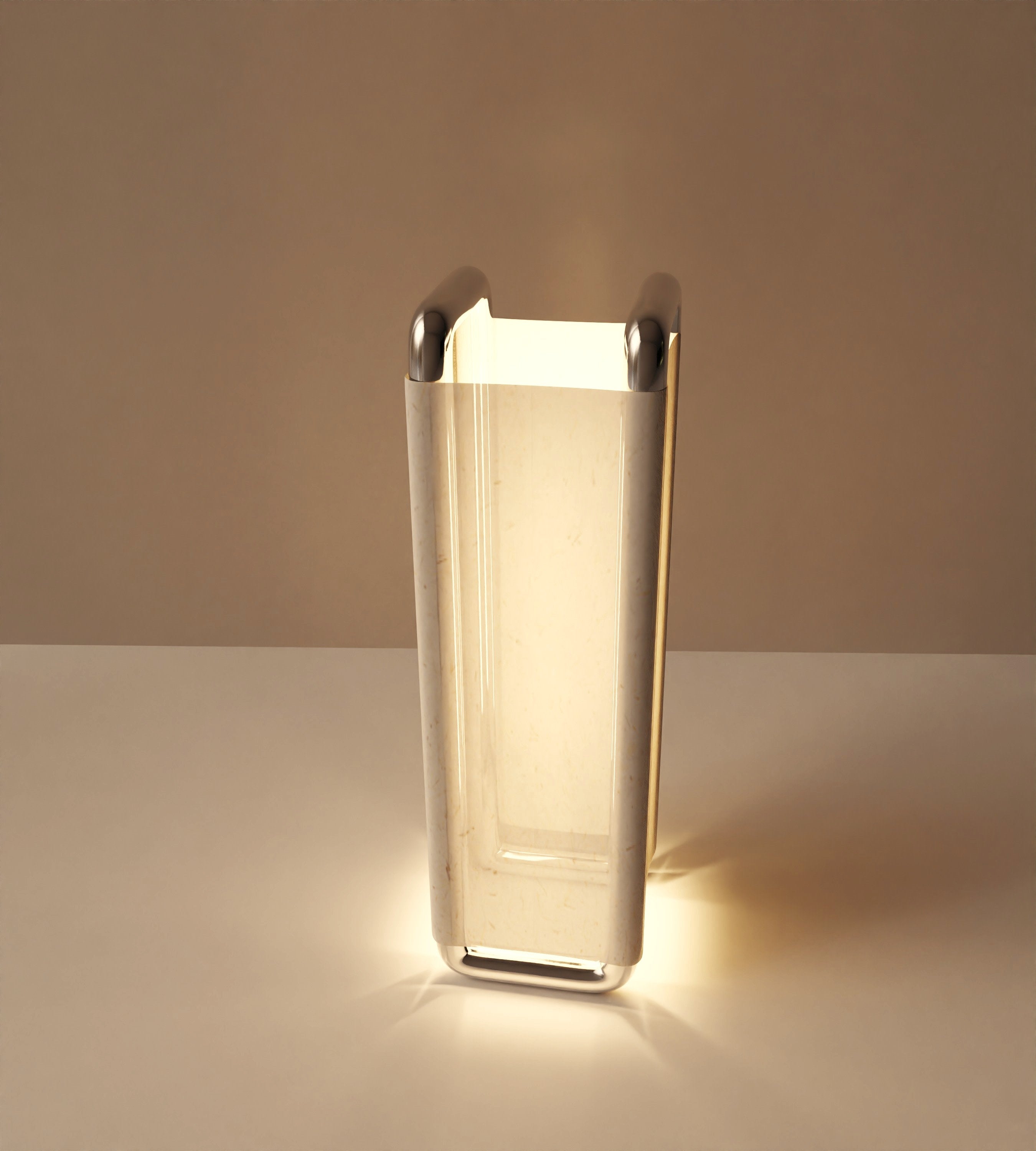 “Xoria” Floor Lamp | Stainless Steel Linen — back view with illuminated interior