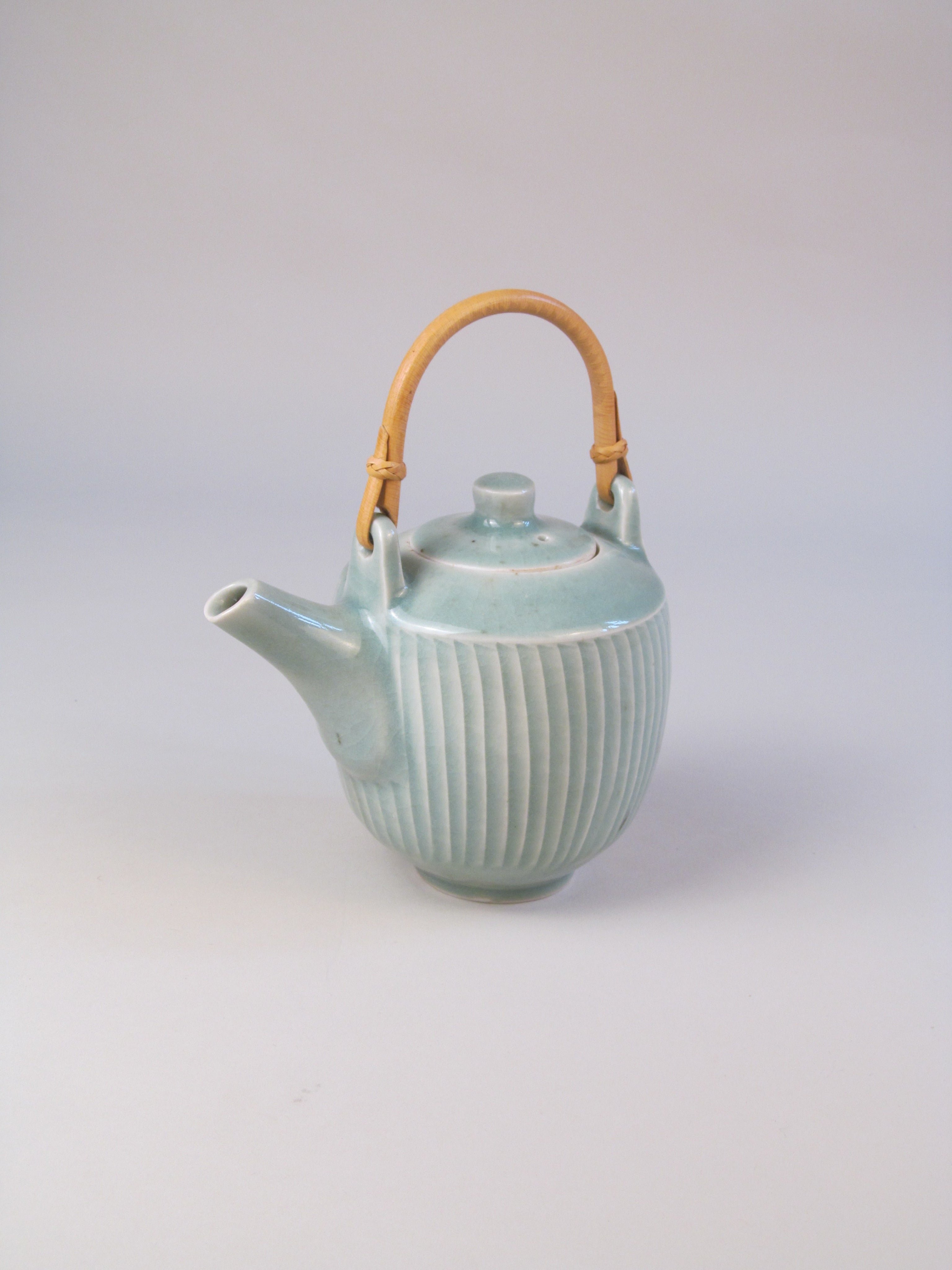 David Leach Celadon Ribbed Teapot by Myakin | The Oblist — handcrafted ceramic, light blue color