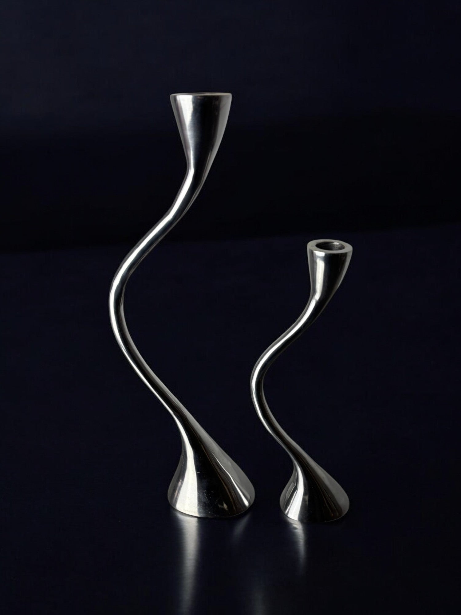 Pair of Zigzag Candleholders, Solid Aluminium, Spain, 1980s by Malamar Studio | The Oblist — polished silver finish
