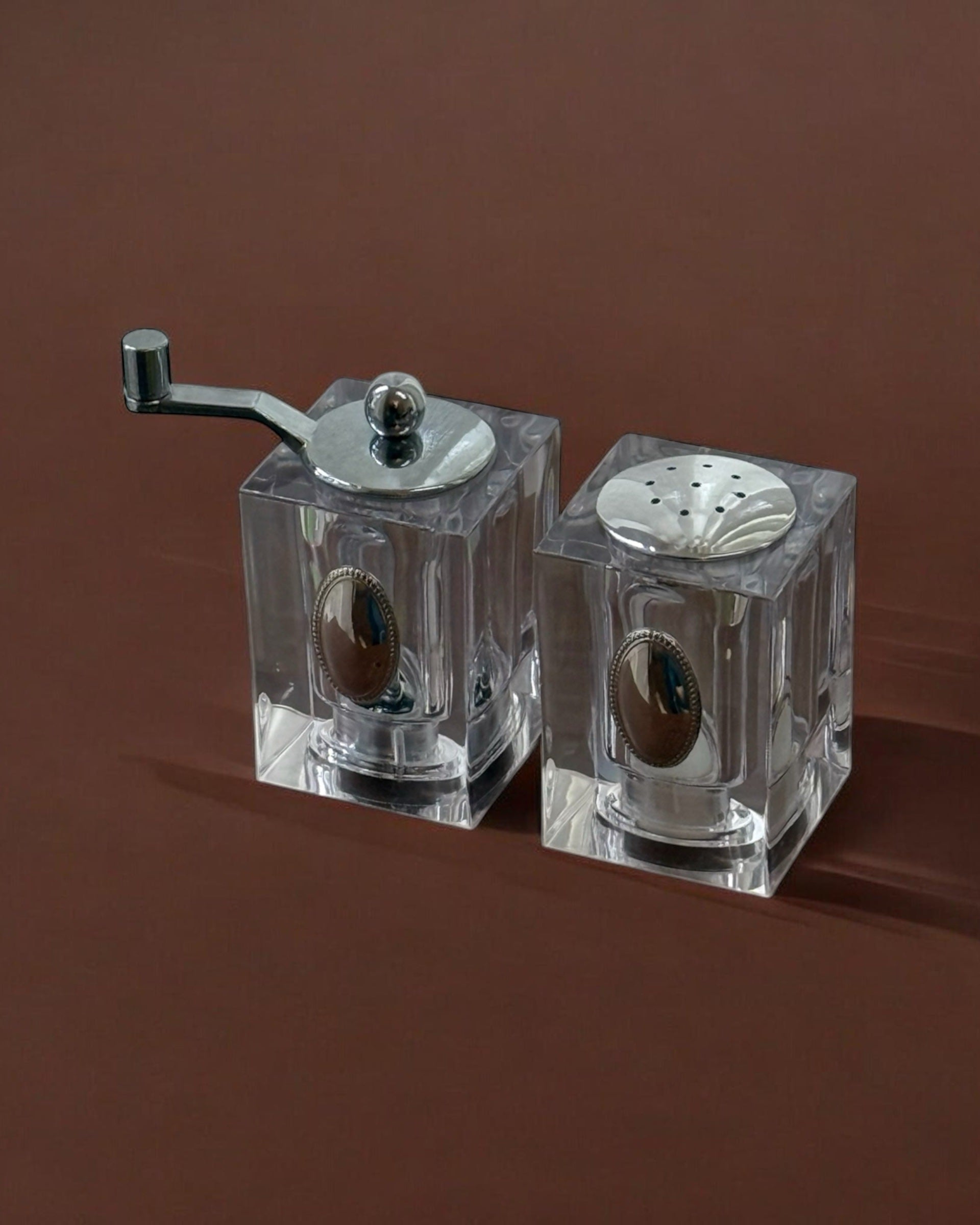 Italian Salt & Pepper Set, 1990s by Flock Studio | The Oblist — clear acrylic, vintage design