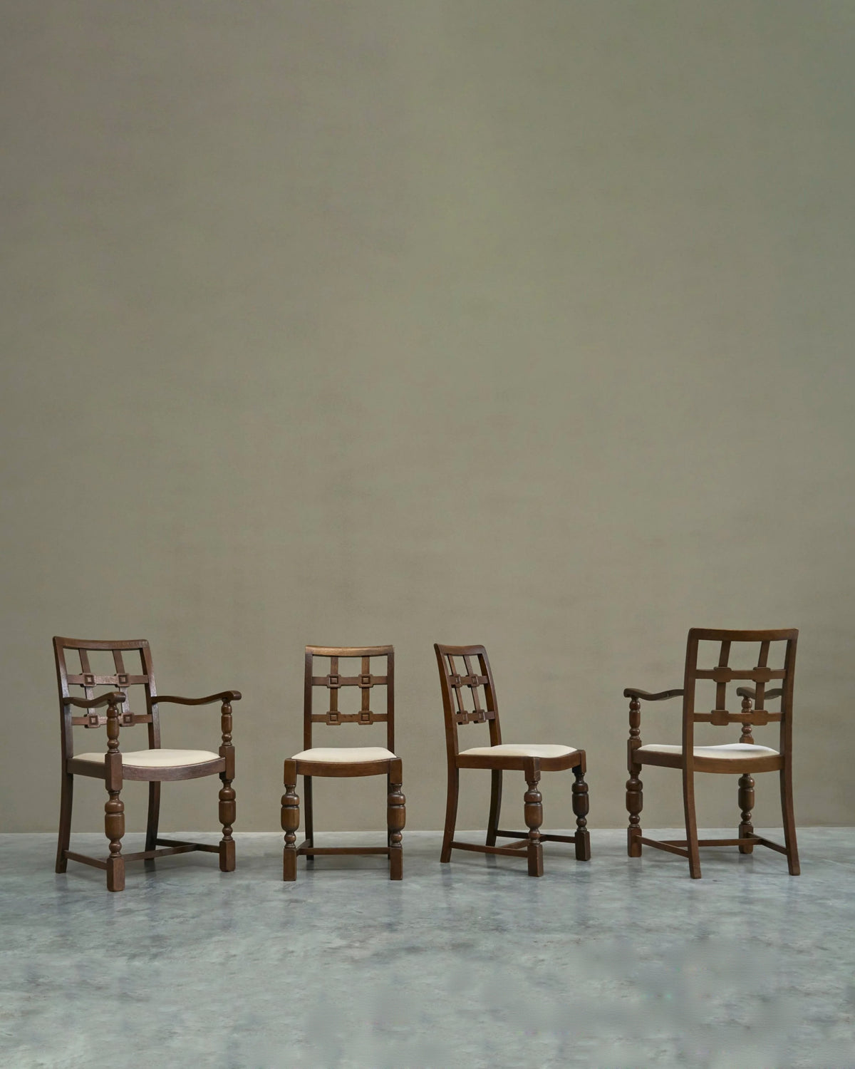 Beautiful Set of 4 French Chairs in Solid Oak and Velvet 1940s by ORNAMENTUM | The Oblist