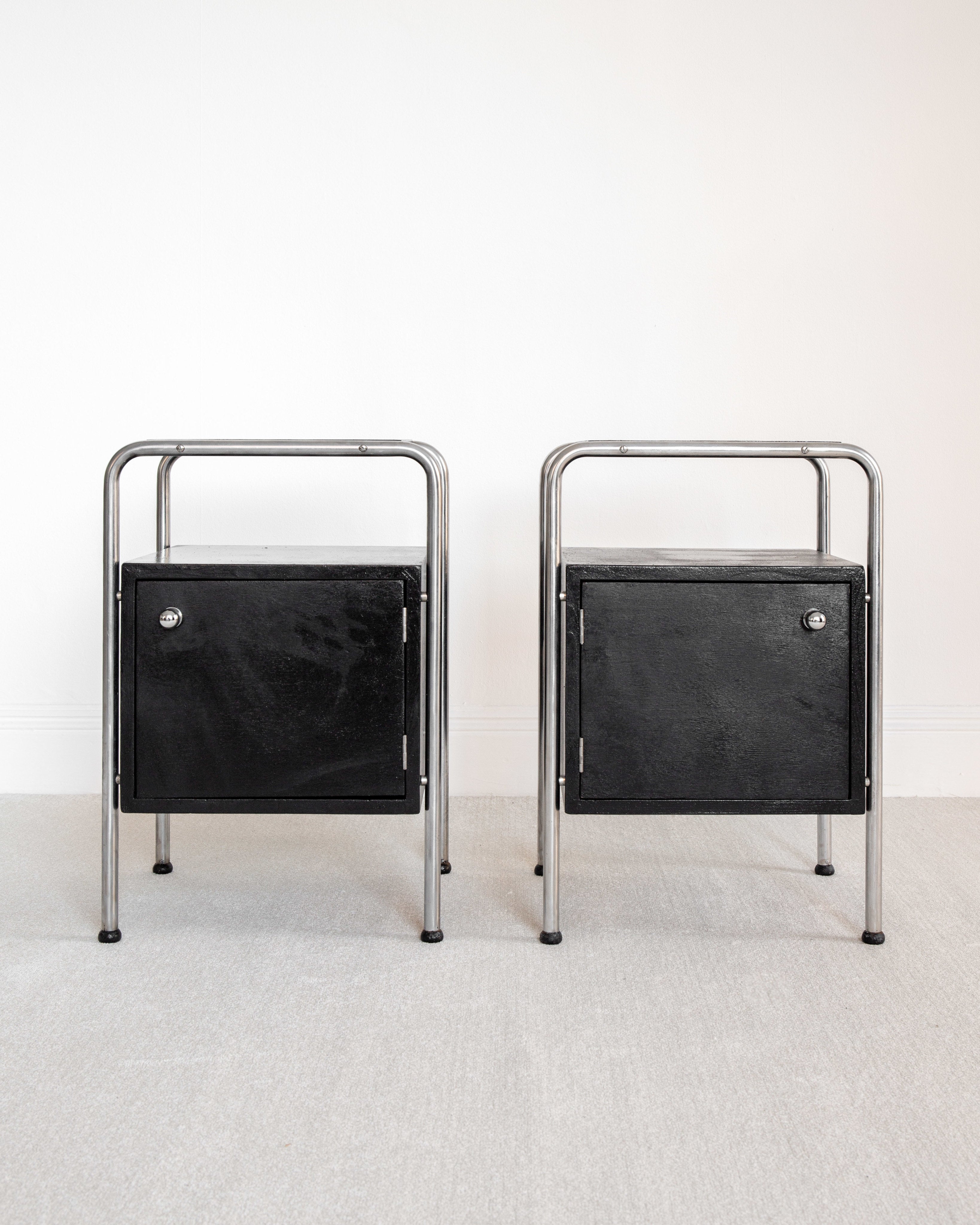 Pair of Functionalist Nightstands, Sweden 1930s by Spigel | The Oblist — black metal, vintage design