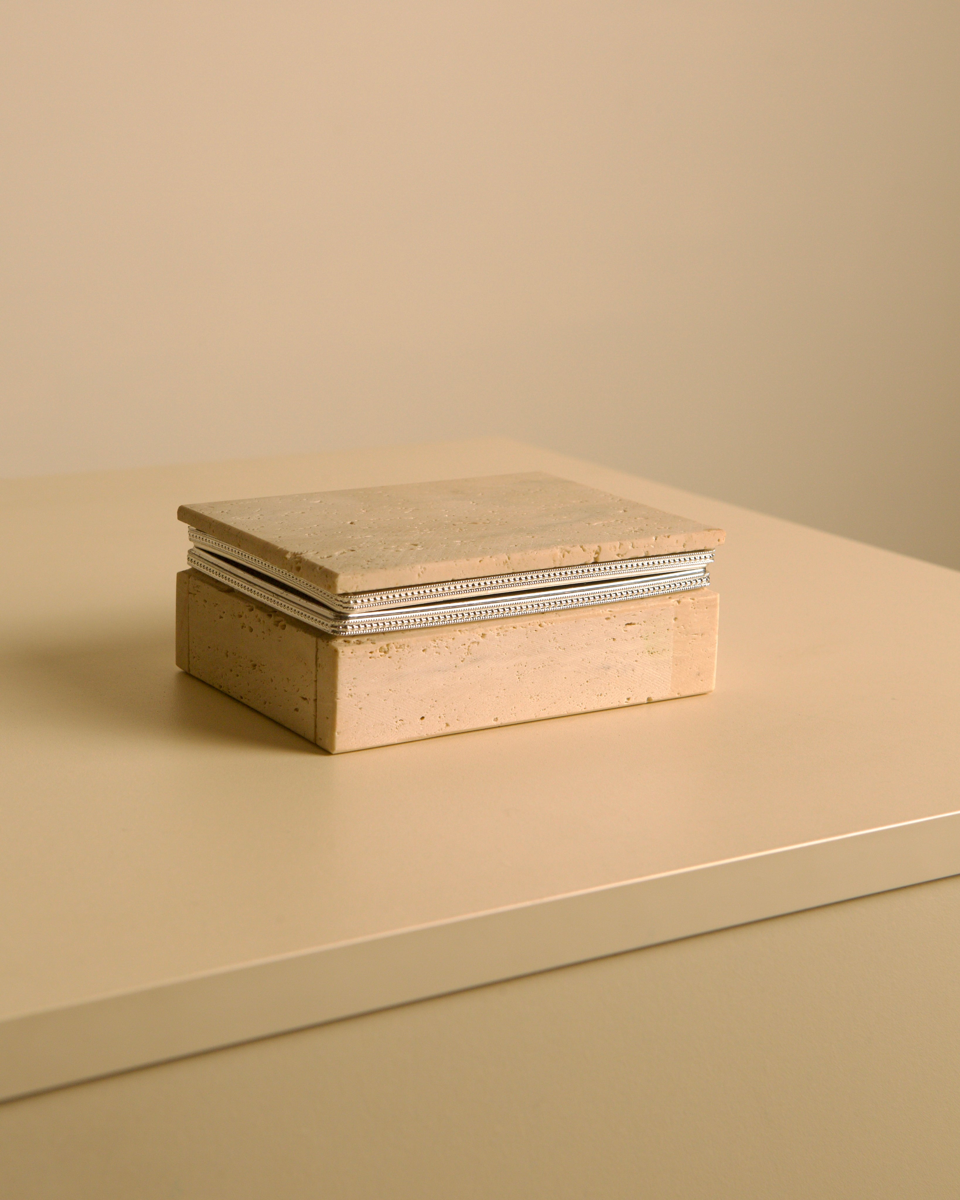 Italian Travertine Box, 60s by Treaptyque | The Oblist — handcrafted stone, neutral color