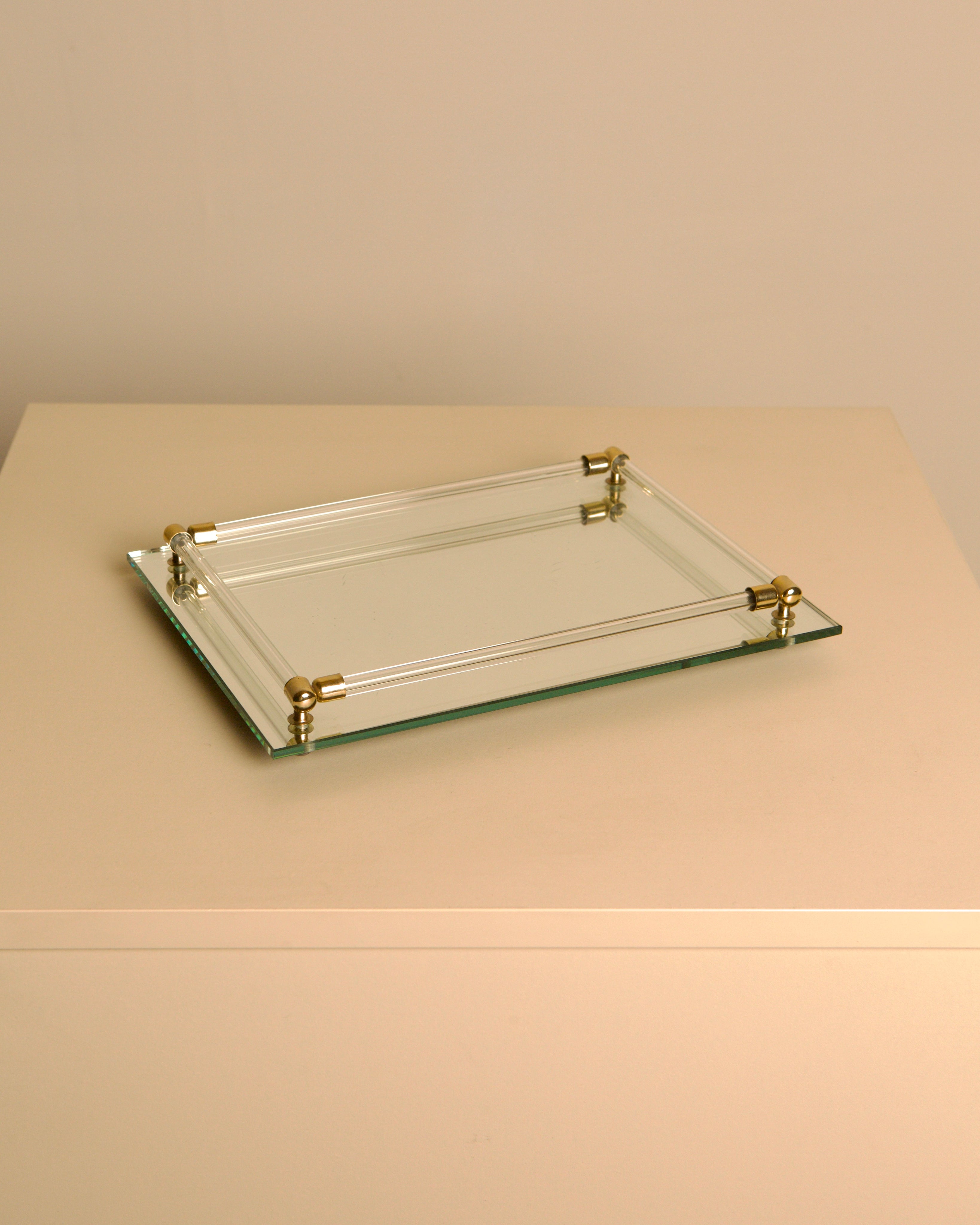 Italian mirror glass, lucite & brass tray, 1970s by Treaptyque | The Oblist