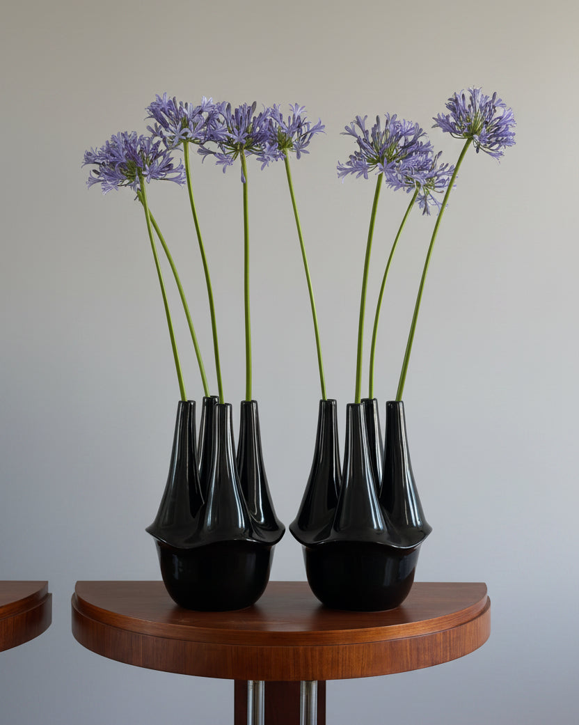 Portuguese Brutalist Black Glazed Multi-Neck Ceramic Vase, 1980s — detail view