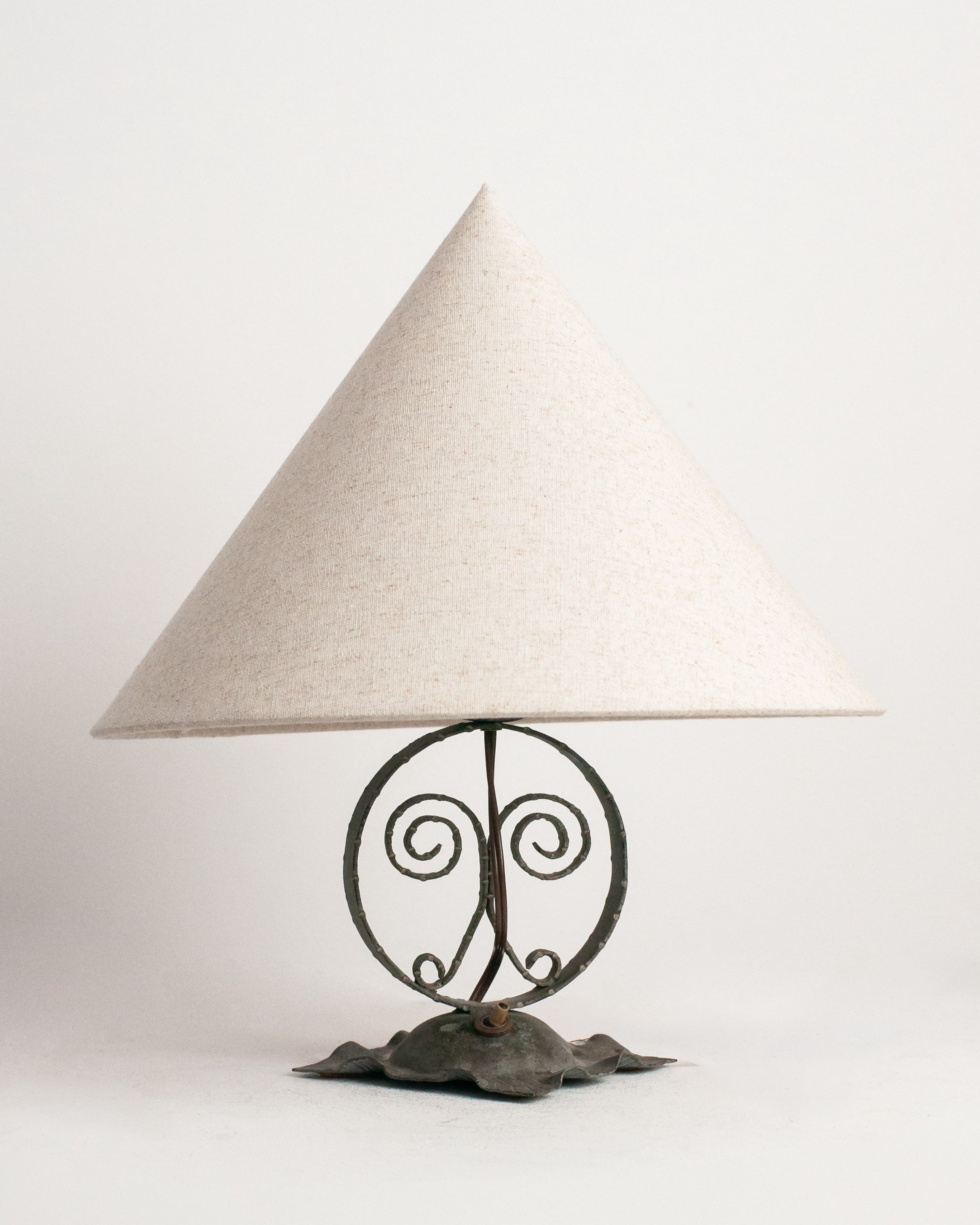 Vintage Wrought Iron Table Lamp with Linen Shade | Hand Forged Scrollwork Lamp | Rustic Eu by Studio Ecubed