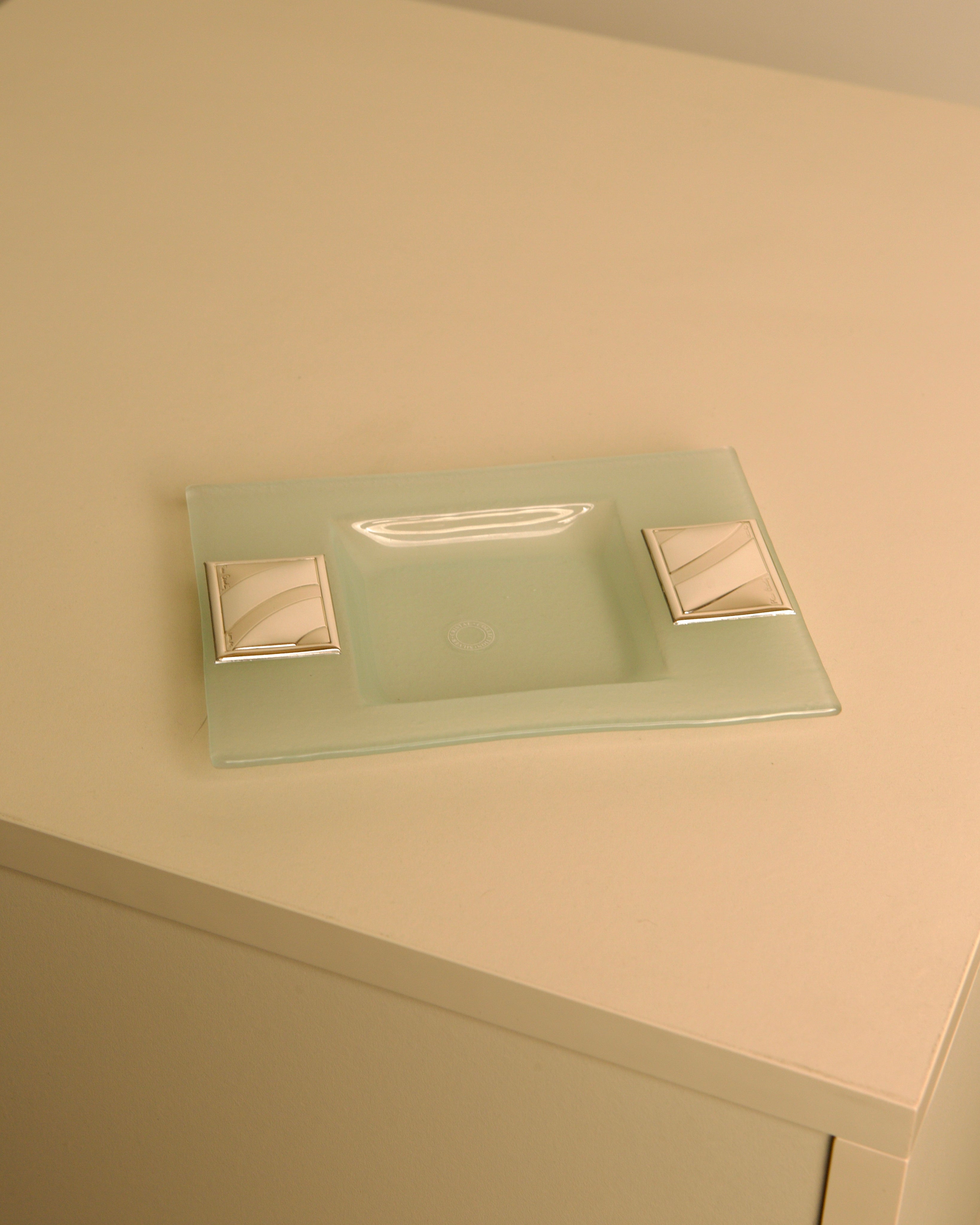 Rectangular crystal and silver-plated valet tray by Pierre Cardin | The Oblist — vintage design, clear glass