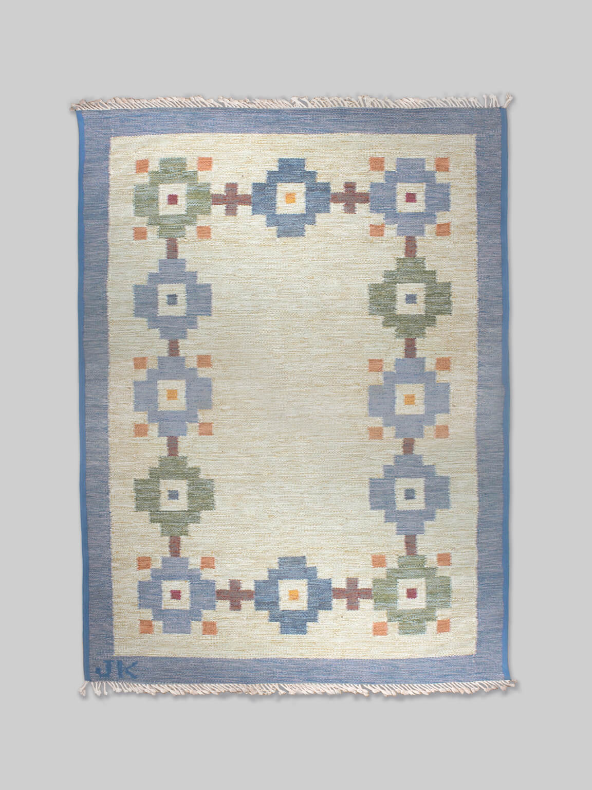 Karin Jönsson Swedish Mid-Century Geometric Wool Kilim 171x252cm by Vintage Stories | The Oblist — wool, blue and green color