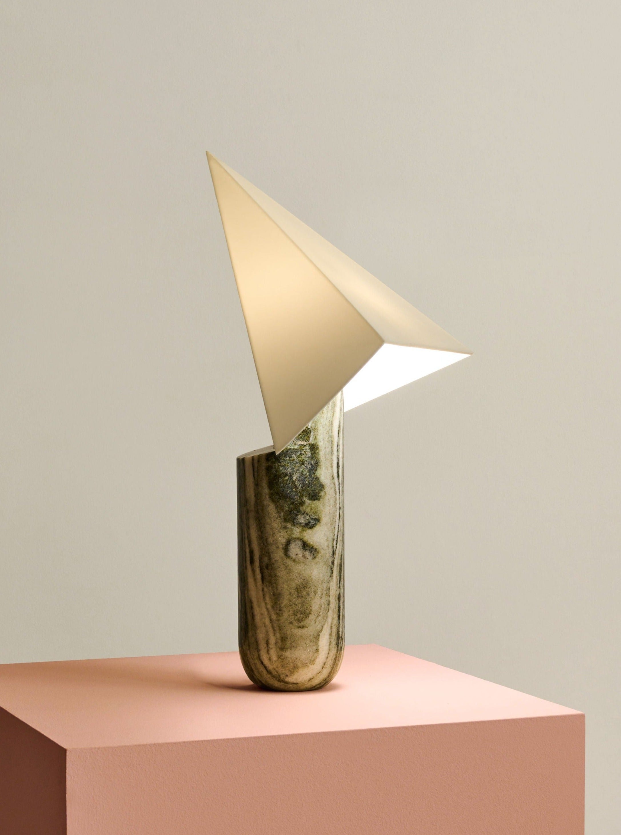 Greek marble table lamp with golden triangular shade by Mariza Galani