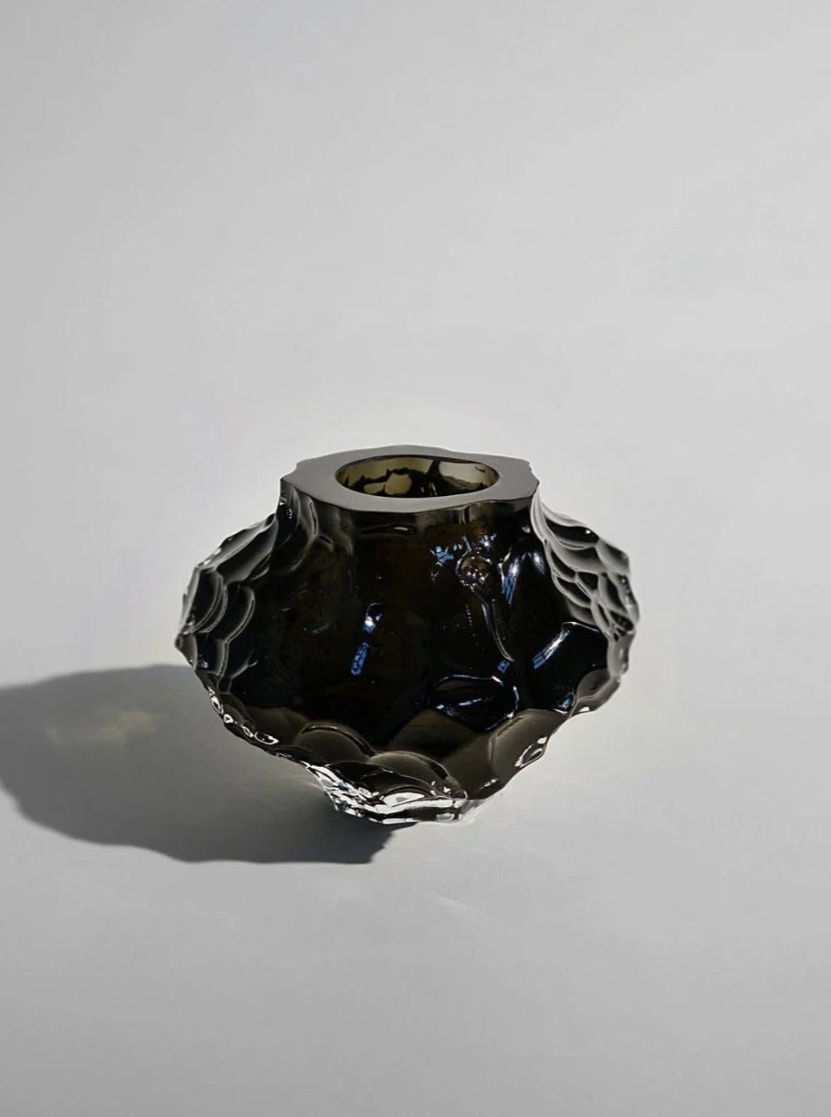 Canyon Vase Mini New Smoke - Handcrafted glass vase with smoky hues and unique textures