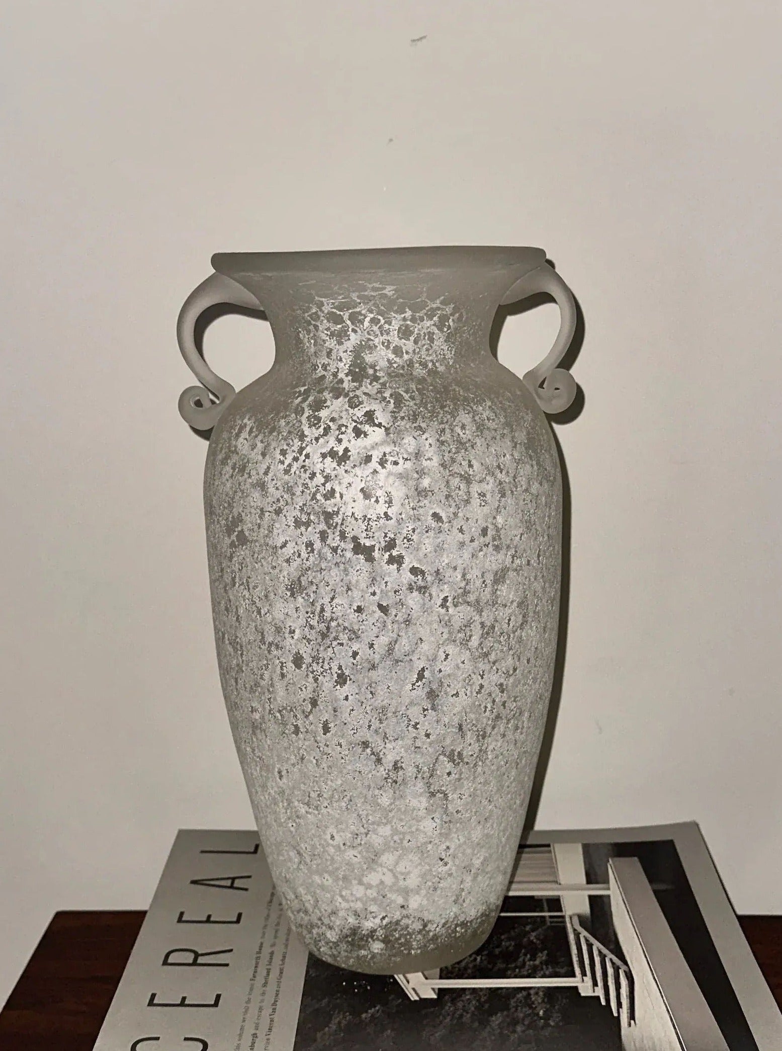 The Large Murano Scavo Glass Vase by Aesthete Label, featuring two small handles and a frosted finish, sits atop a monochrome-covered magazine against a plain white background.