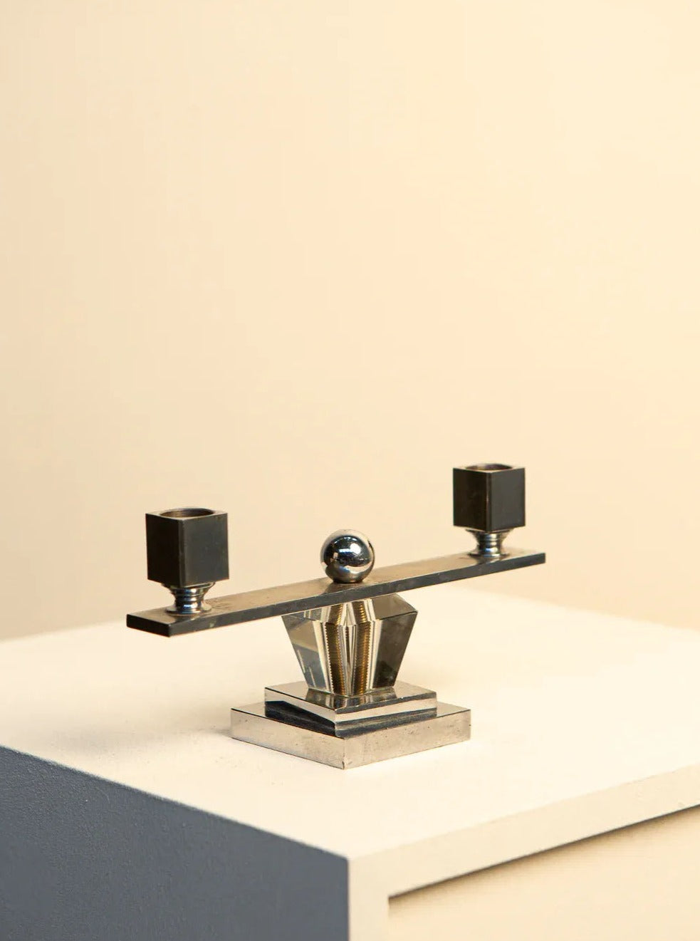 Vintage Italian candleholder with metal base and transparent plexiglas shade