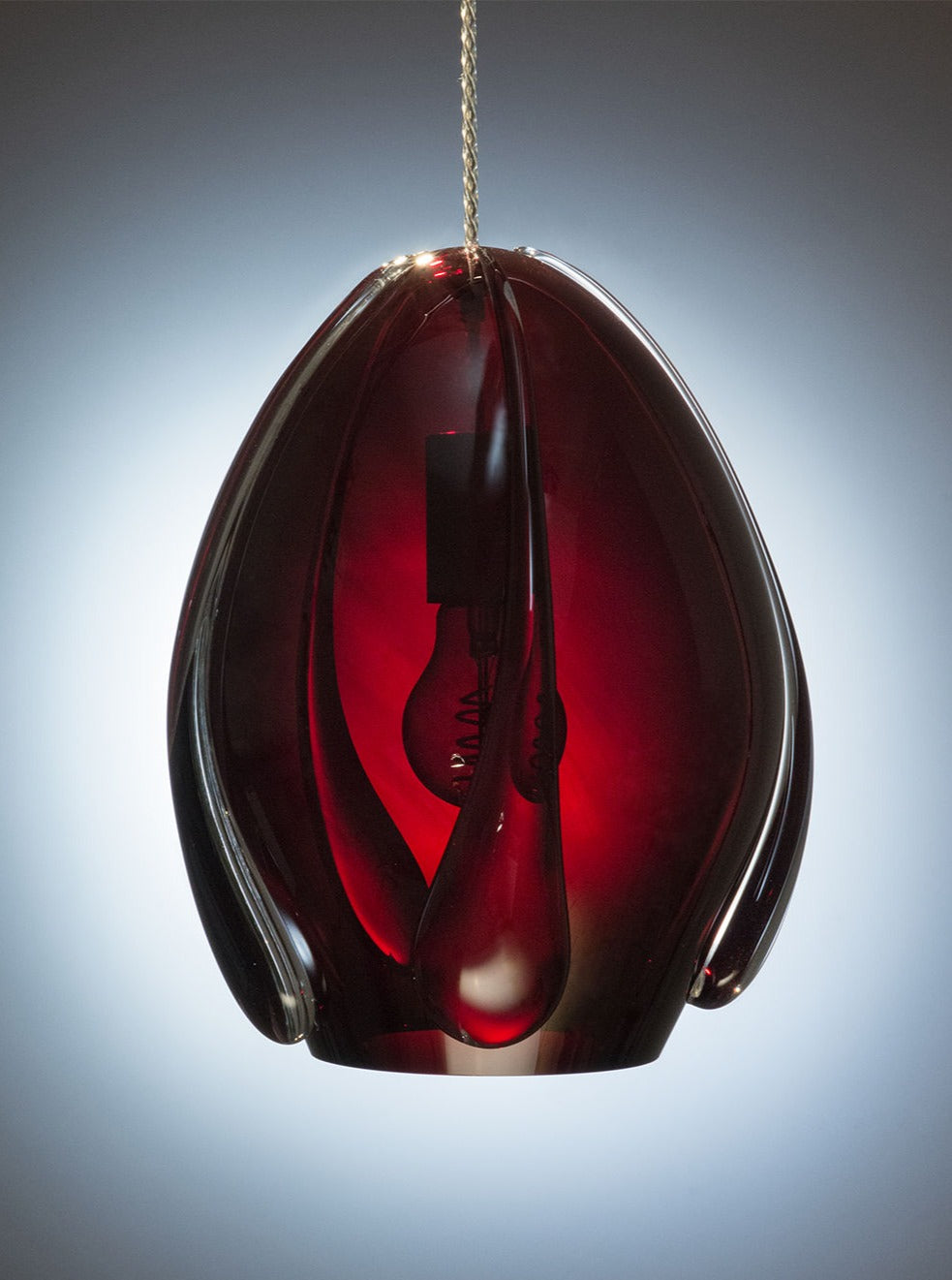 Blown Glass Pendant in Ruby Dark with Swirling Patterns and Rich Color