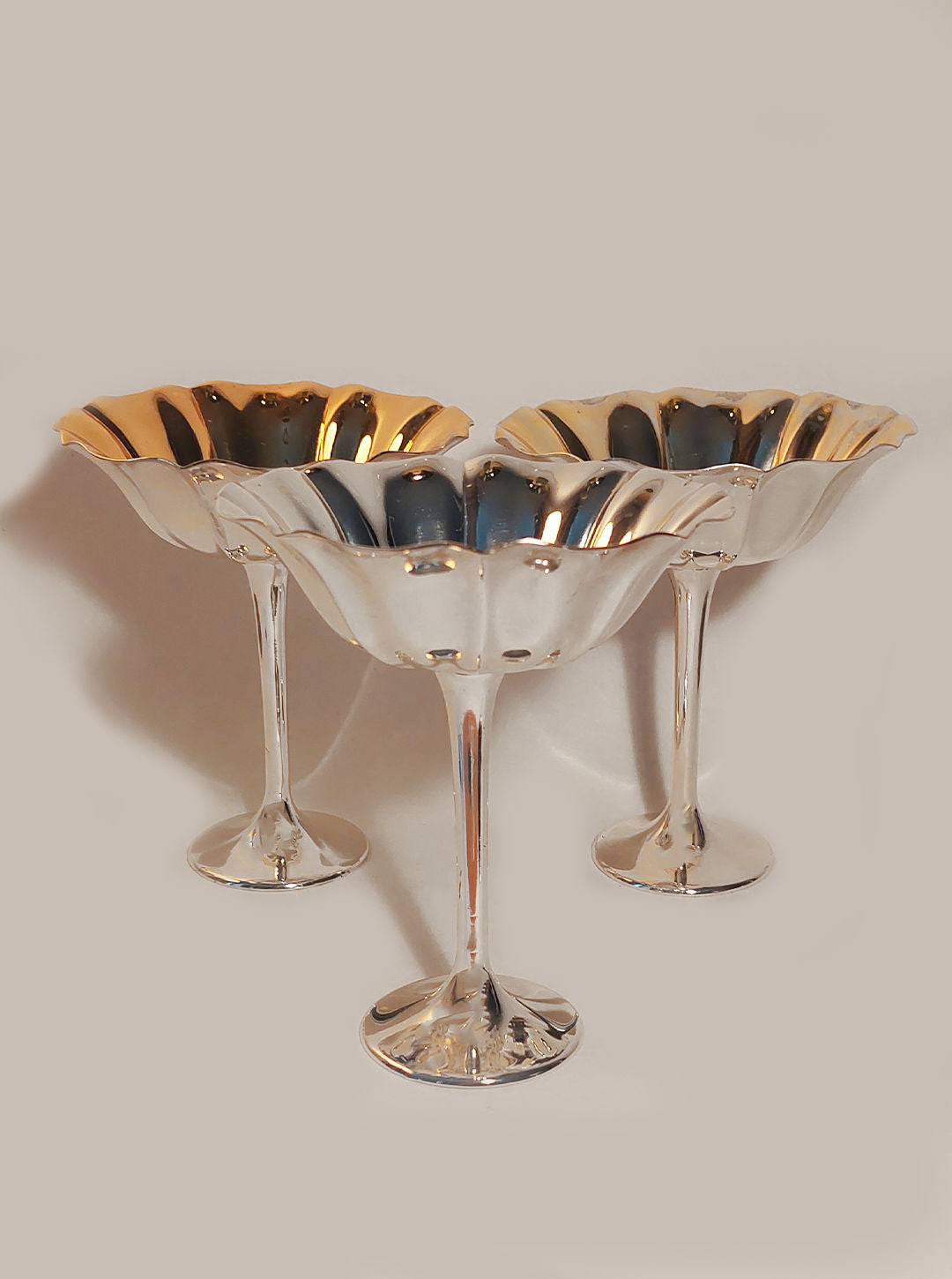 Set of 3 silver-plated dessert cups with intricate floral pattern