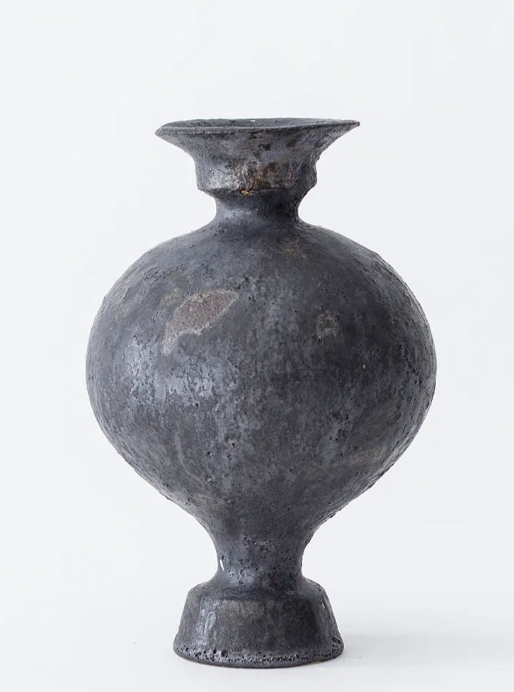 Lekytho ceramic vase with intricate hand-painted floral design on white background