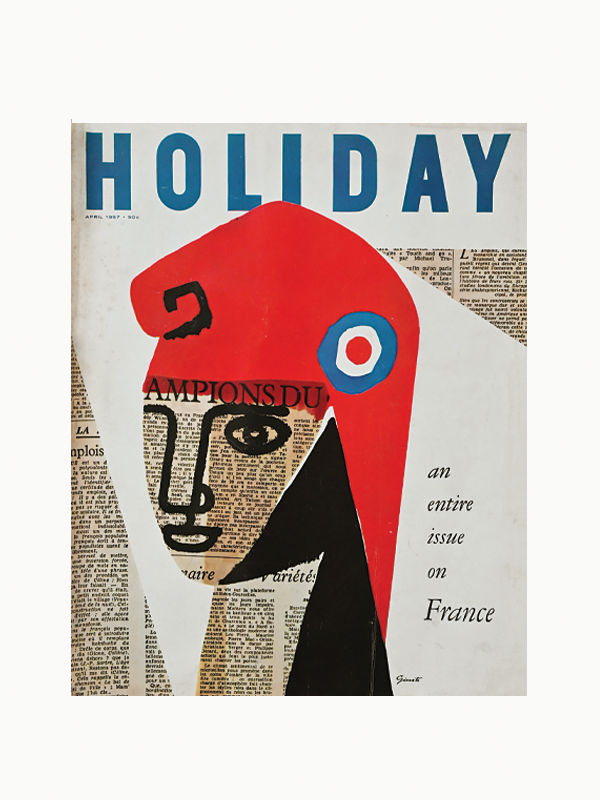 Vintage "Holiday Magazine France April 1957" cover featuring an abstract illustration of a face overlaid with a French newspaper, with a bold red hat and a blue, white, and red target symbol by Maison Plage.