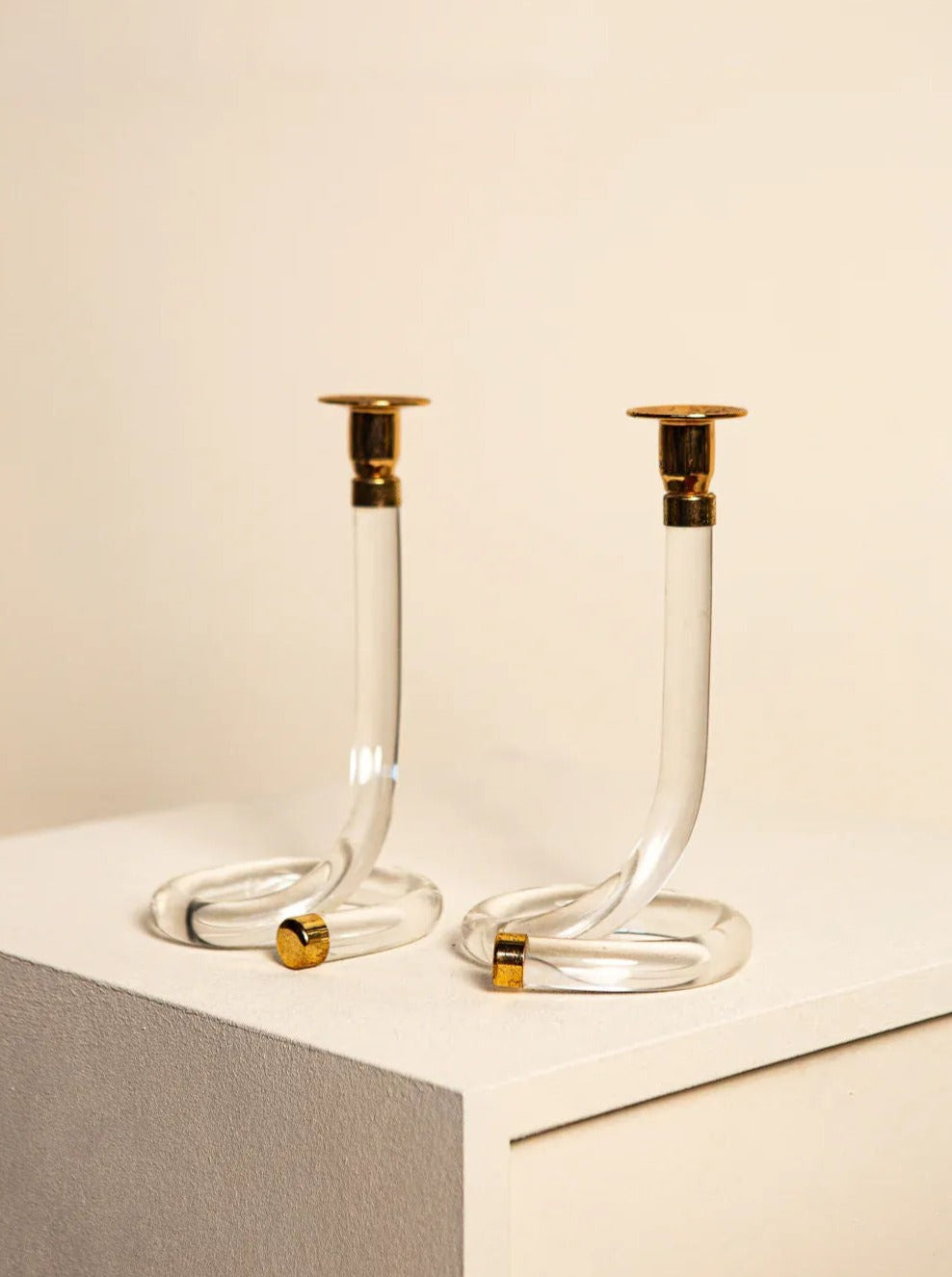 Pair of vintage 1970s Lucite candleholders by designer Dorothy Thorpe