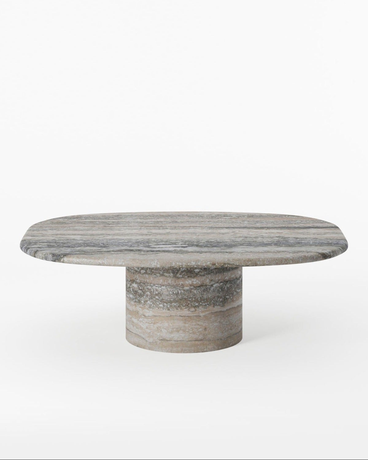A close-up of the Circa Coffee Table in Silver Travertine, showcasing its unique natural stone patterns and high-quality craftsmanship