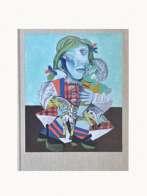 A Maison Plage "Picasso and Maya: Father and Daughter" painting depicting Maya Ruiz-Picasso with blue-green skin and hair, holding a child in orange attire. Both have distorted, cubist features against a textured grey background.