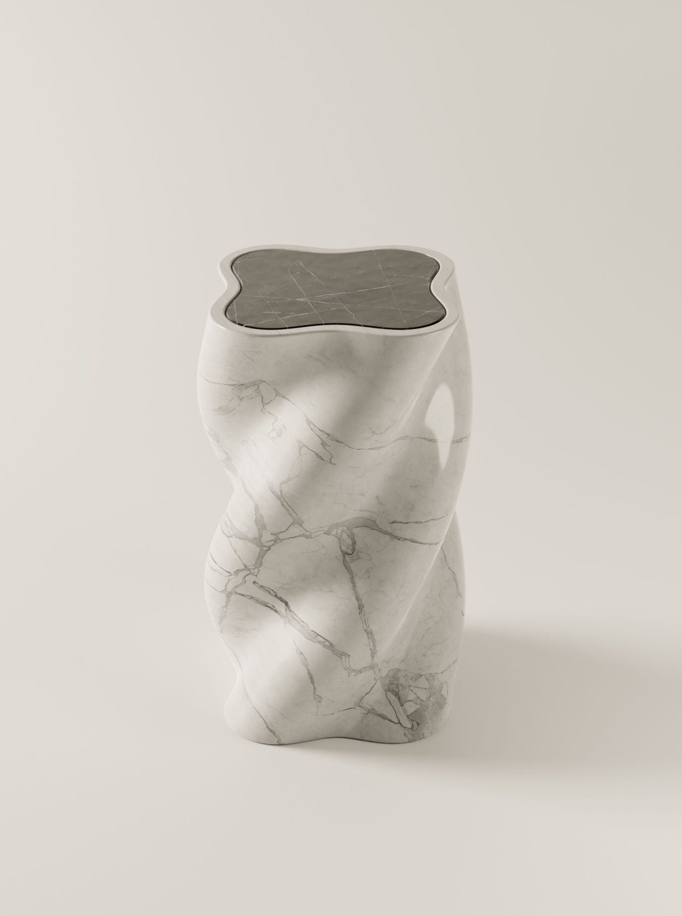 A sleek, modern vase with a fUUUUsillo Arabescato by BURGIO white and gray design and a flat, dark stone top. The vase has an organic, slightly twisted shape, set against a plain, light background.