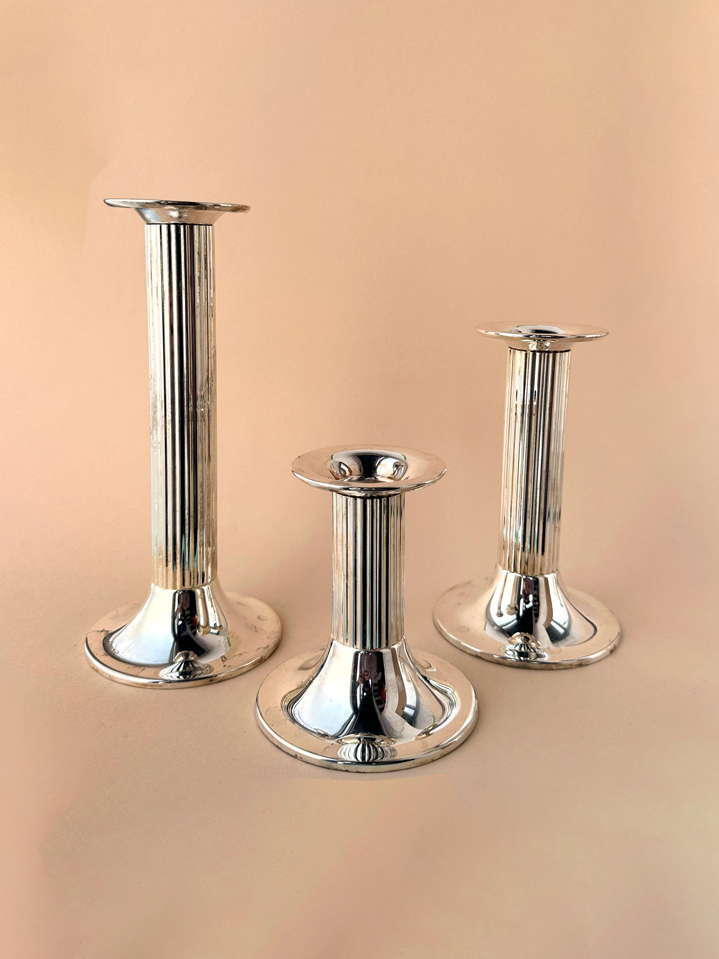 Set of three vintage 1980s silver plated candle holders in classicist style