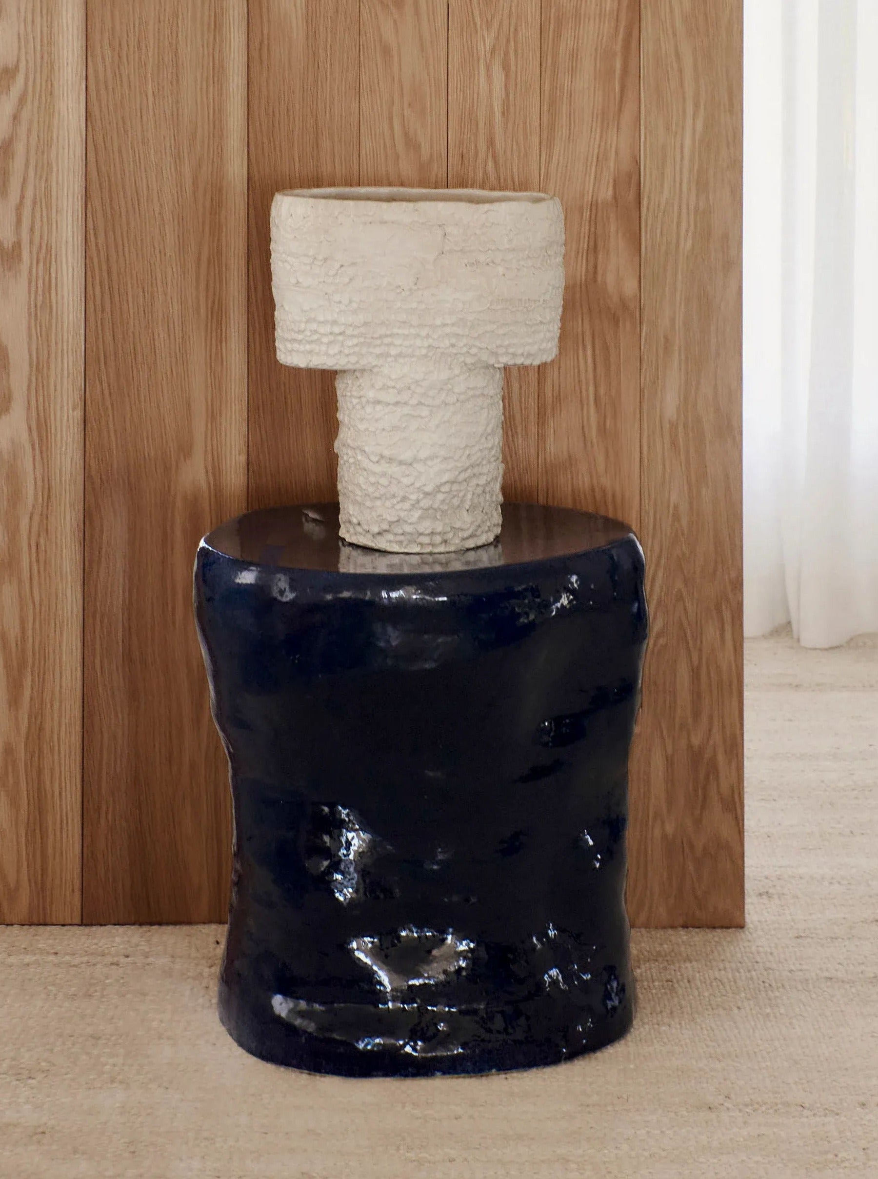 Ceramic side table large in elegant white marble finish with gold accents
