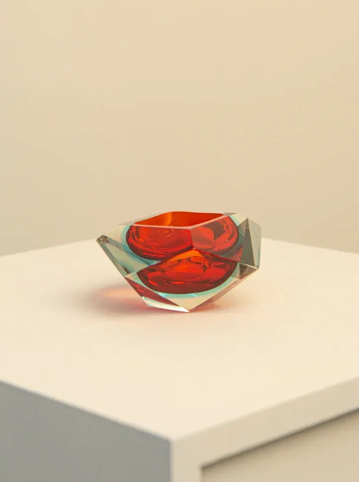 Vintage 1960's red Diamant ashtray designed by Flavio Poli, a unique and elegant glass home decor accessory