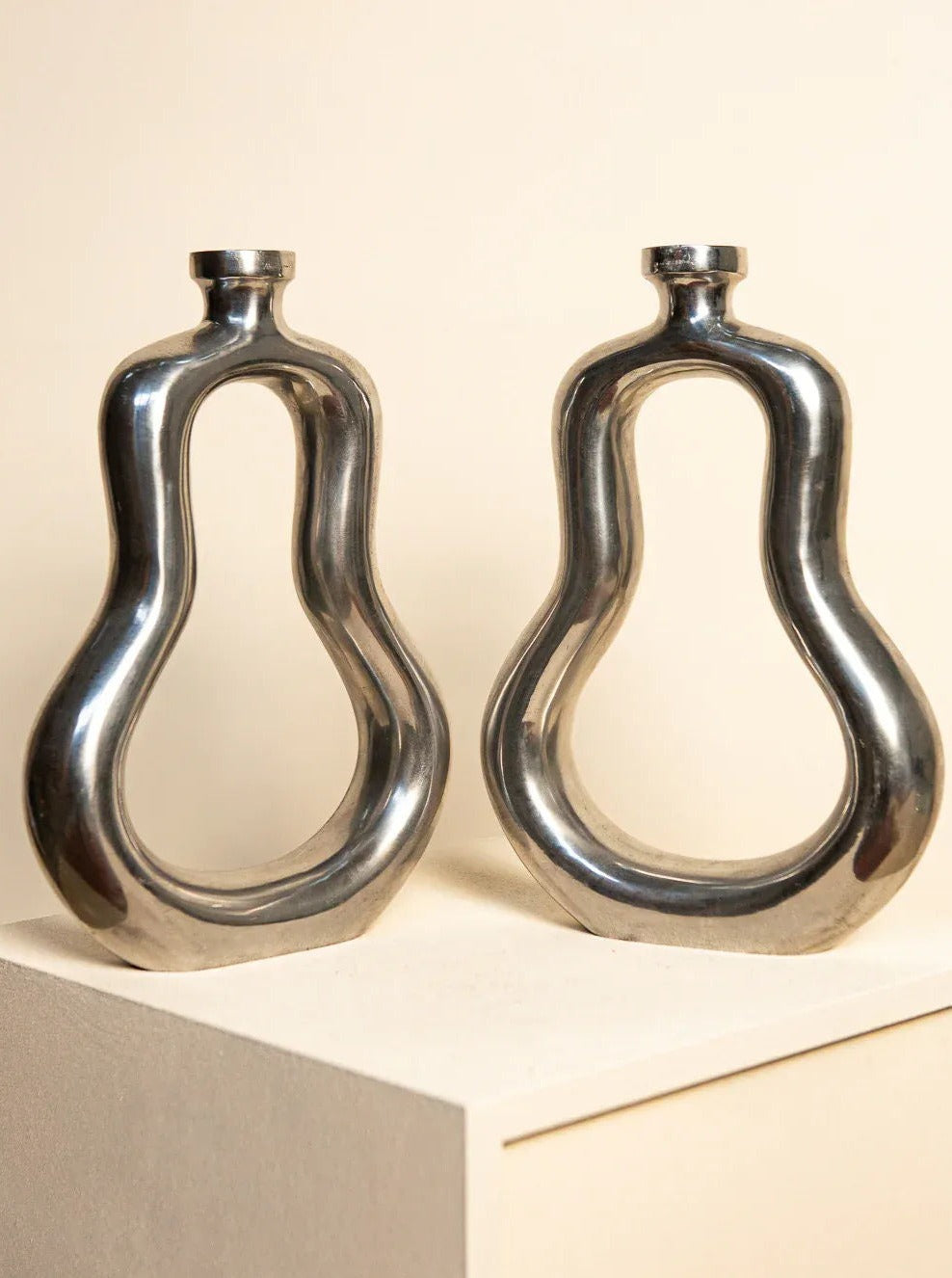 Pair of vintage 80's large brass candleholders with geometric design