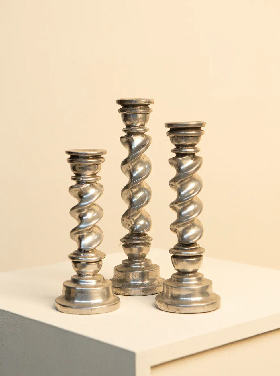 Triptych of Twisted Candleholders in Aluminum for a Modern Home Decor