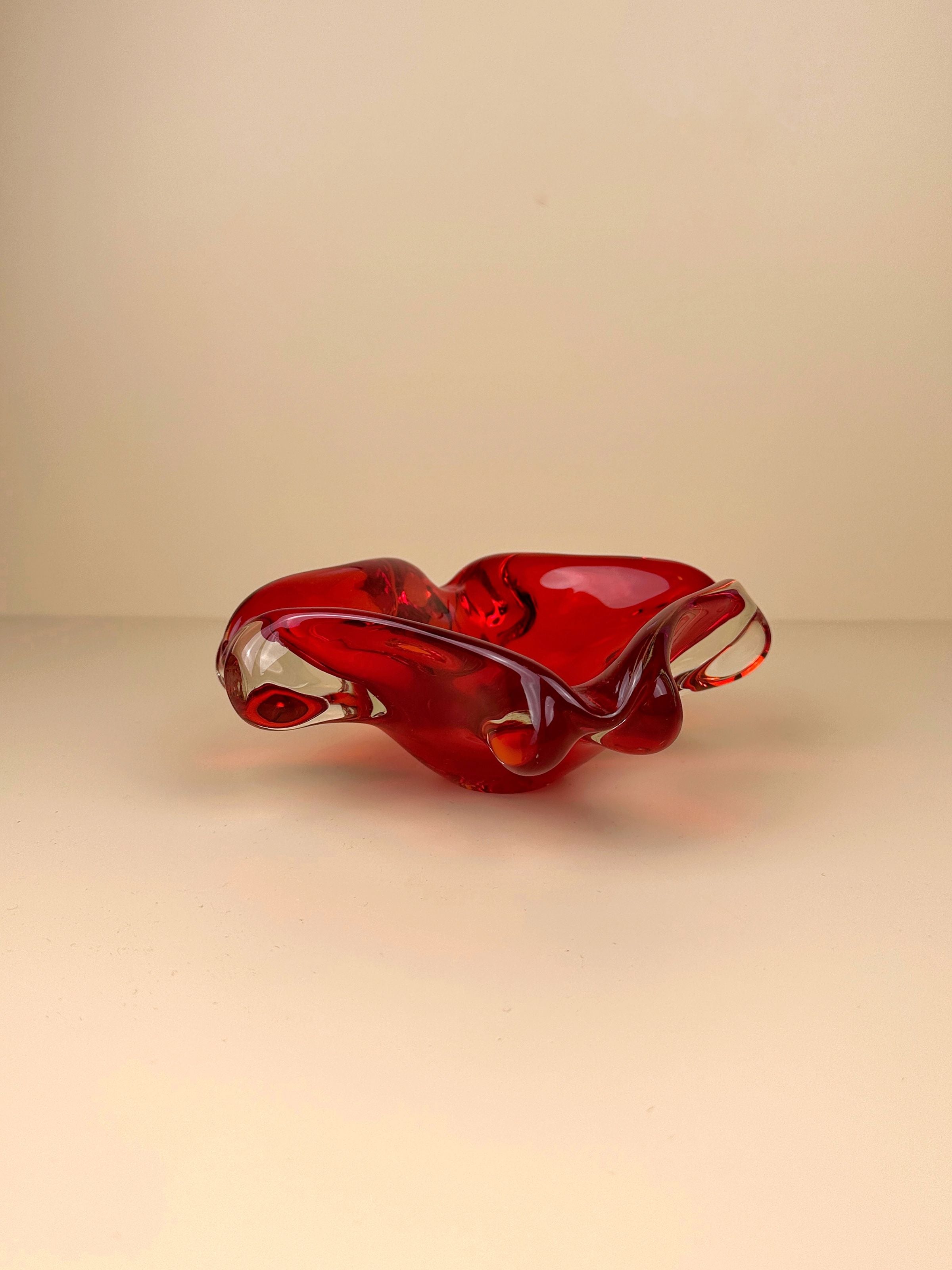 Mid Century Murano Glass Bowl 70s in vibrant red and orange swirls