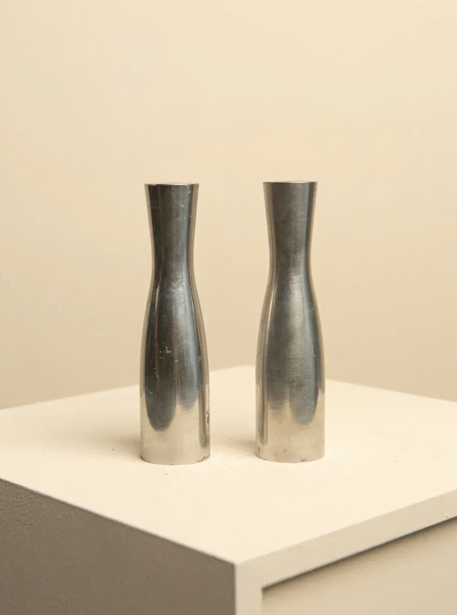 Pair of Large Chrome-Plated Metal Candlesticks by Erika Pekkari 90's