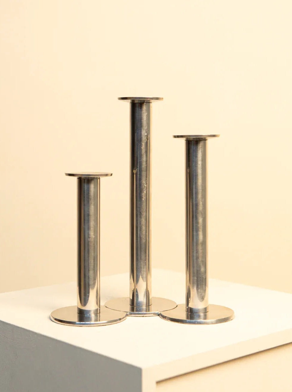 Triptych of 80's Italian Metal Candleholders in geometric shapes