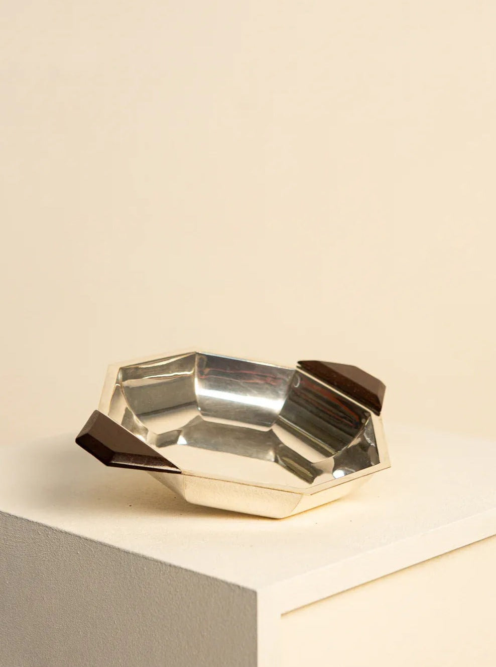 Vintage silver-plated metal and rosewood basket from the 1980s