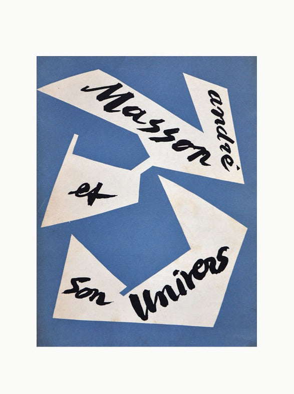 Abstract artistic poster featuring irregular white shapes with the French words "André Masson et son Univers (1947)" written in black script on a blue background by Maison Plage.