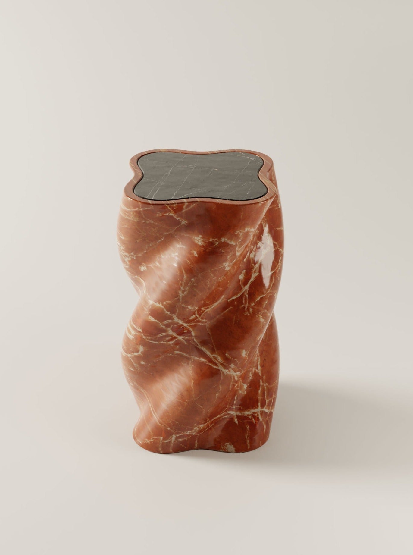An elegant, polished fUUUUsillo Rosso Alicante pedestal stand in a twisted design, showcasing a rich, deep red color with pronounced white veining, topped with a flat, nero marquina marble by BURGIO.