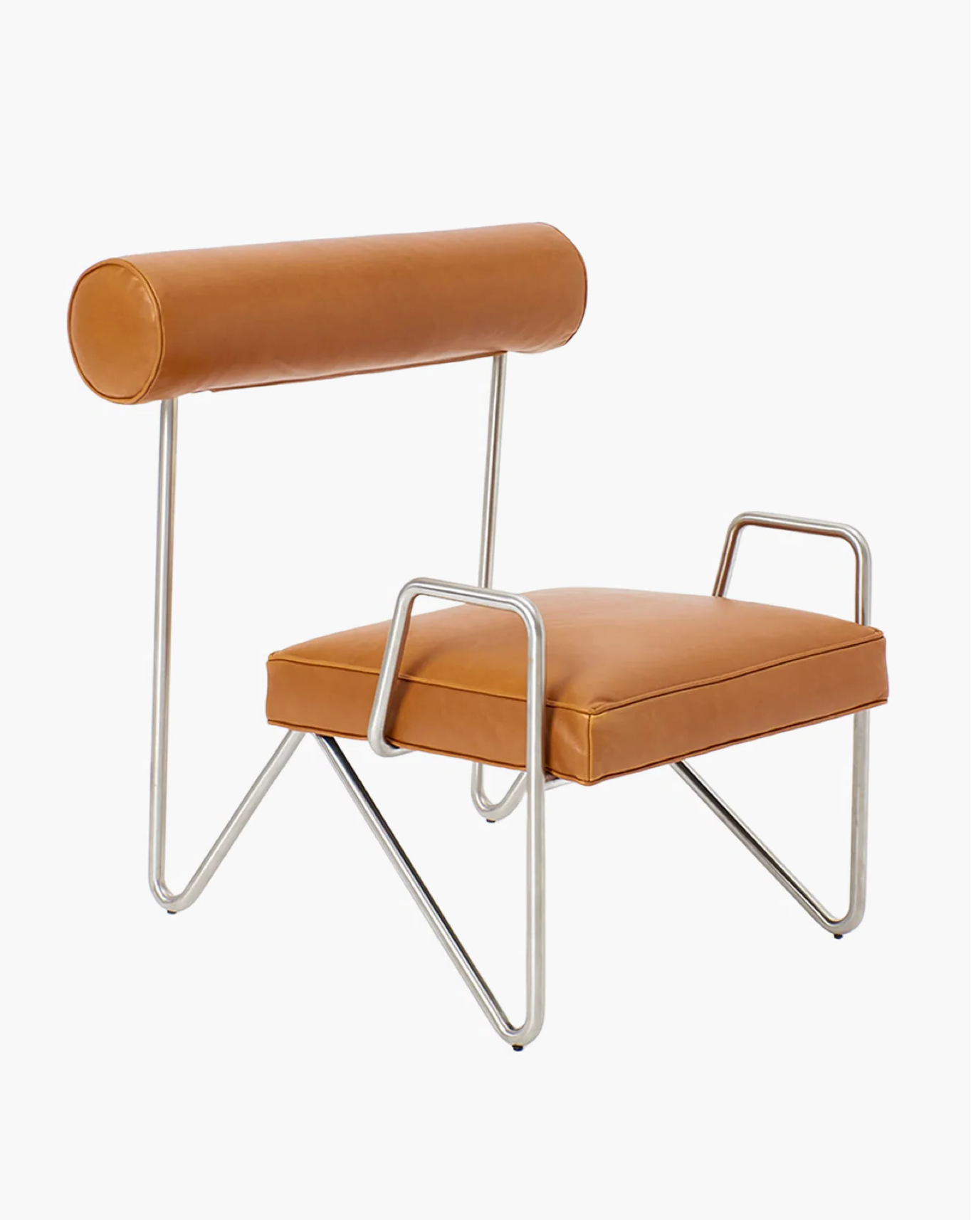 A modern chair with a cylindrical, brown leather backrest and matching flat seat. The chair features a minimalist design with sleek, silver metal legs and armrests, creating an angular and striking appearance.