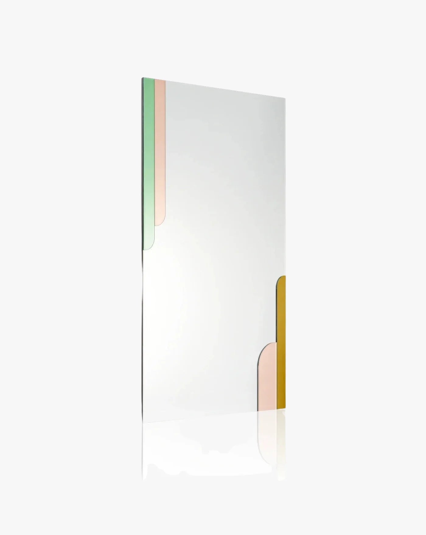 Reflective Mirror Interior Design with translucent, colored edges in pink and yellow, displayed vertically against a white background with a subtle shadow reflection.