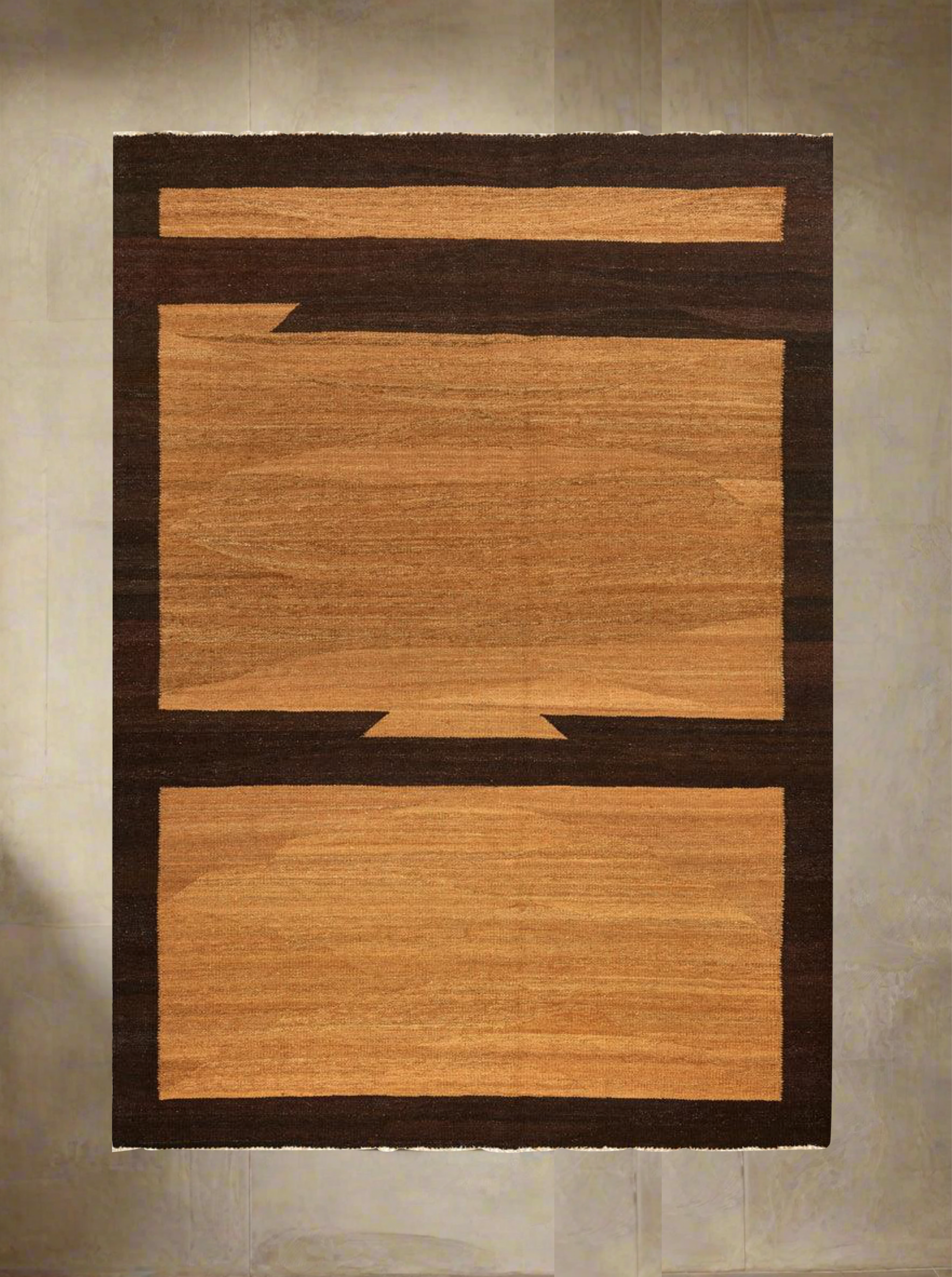 A rectangular rug with a minimalist design featuring large, brown horizontal bands juxtaposed with lighter brown geometric blocks in the center. This Abstract Kilim - Handwoven Rug by ISHKAR, made from handwoven wool kilims and dyed using natural methods