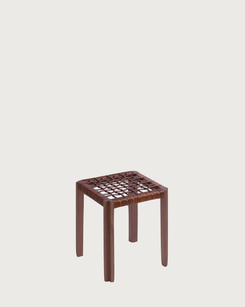 Brown leather woven seat stool with wooden frame - side view