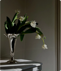 Silver vase with drooping white flowers on a wooden table in soft lighting.