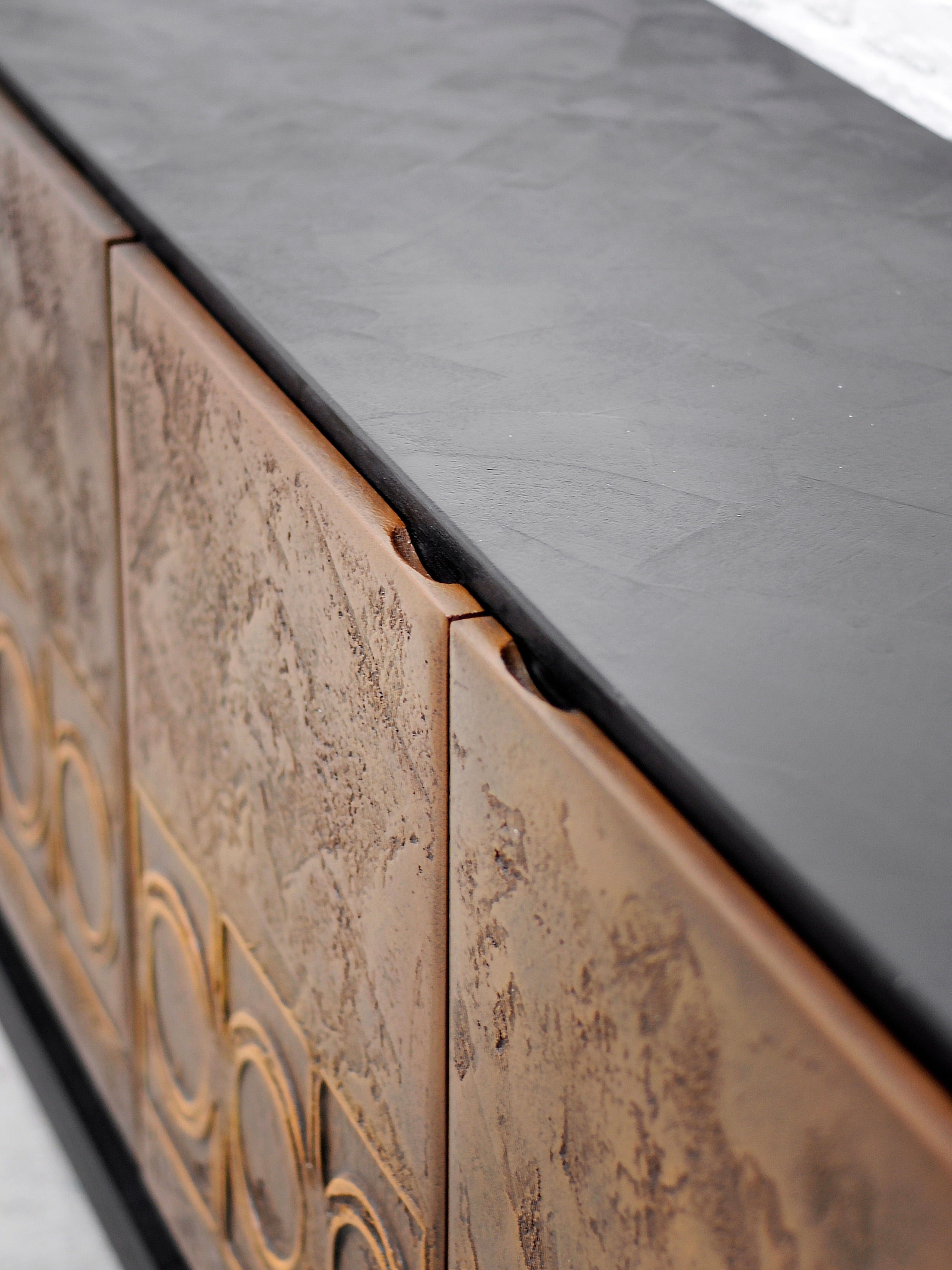 Brutalist Bronze-Clad Sideboard with Textured Wood Frame, 1970's