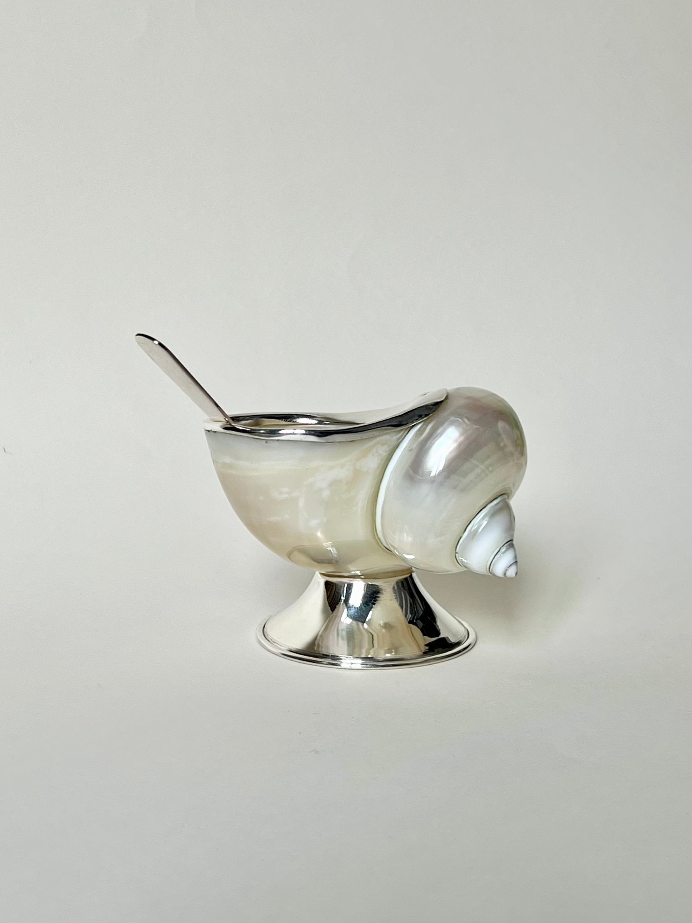 An elegant silver shell sugar bowl filled with vanilla ice cream, accompanied by a Tavares 1922 natural shell silver spoon, set against a plain white background.