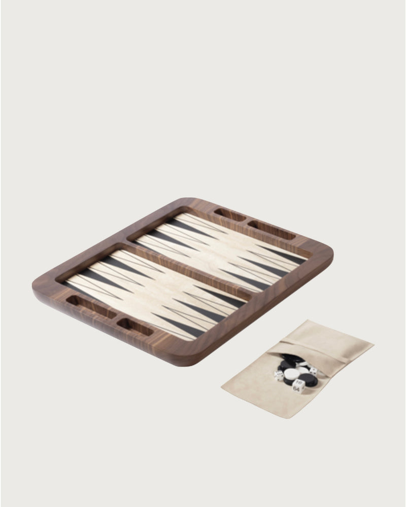 Mocambo walnut backgammon board with game pieces and dice set