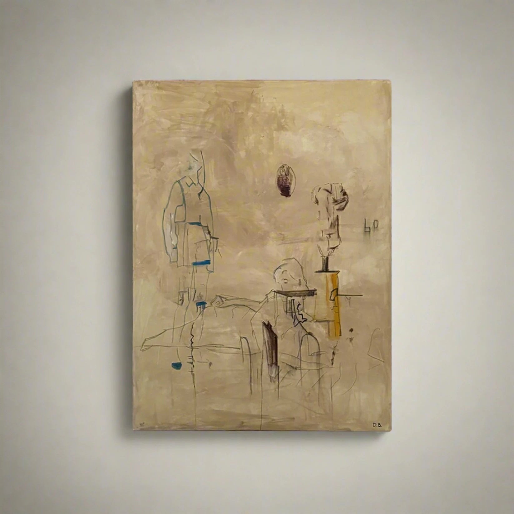 A rectangular abstract painting titled "Untitled - Acrylic, oil pastel, charcoal on canvas" by Dovile Bernotaite measuring 100x130cm, this original artwork primarily uses muted tones with sporadic accents of yellow, blue, and brown. Scribbled lines and forms evoke a sense of movement and depth, adding to the sense of space. Text in the bottom corner describes the medium as acrylic oil pastel charcoal. The painting is framed against a plain white background.