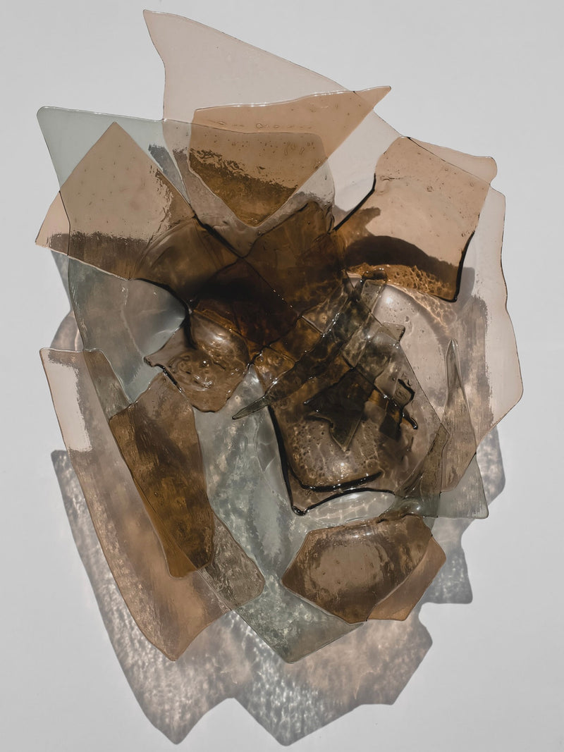Handmade smoky glass bowl with angular sculptural fragments