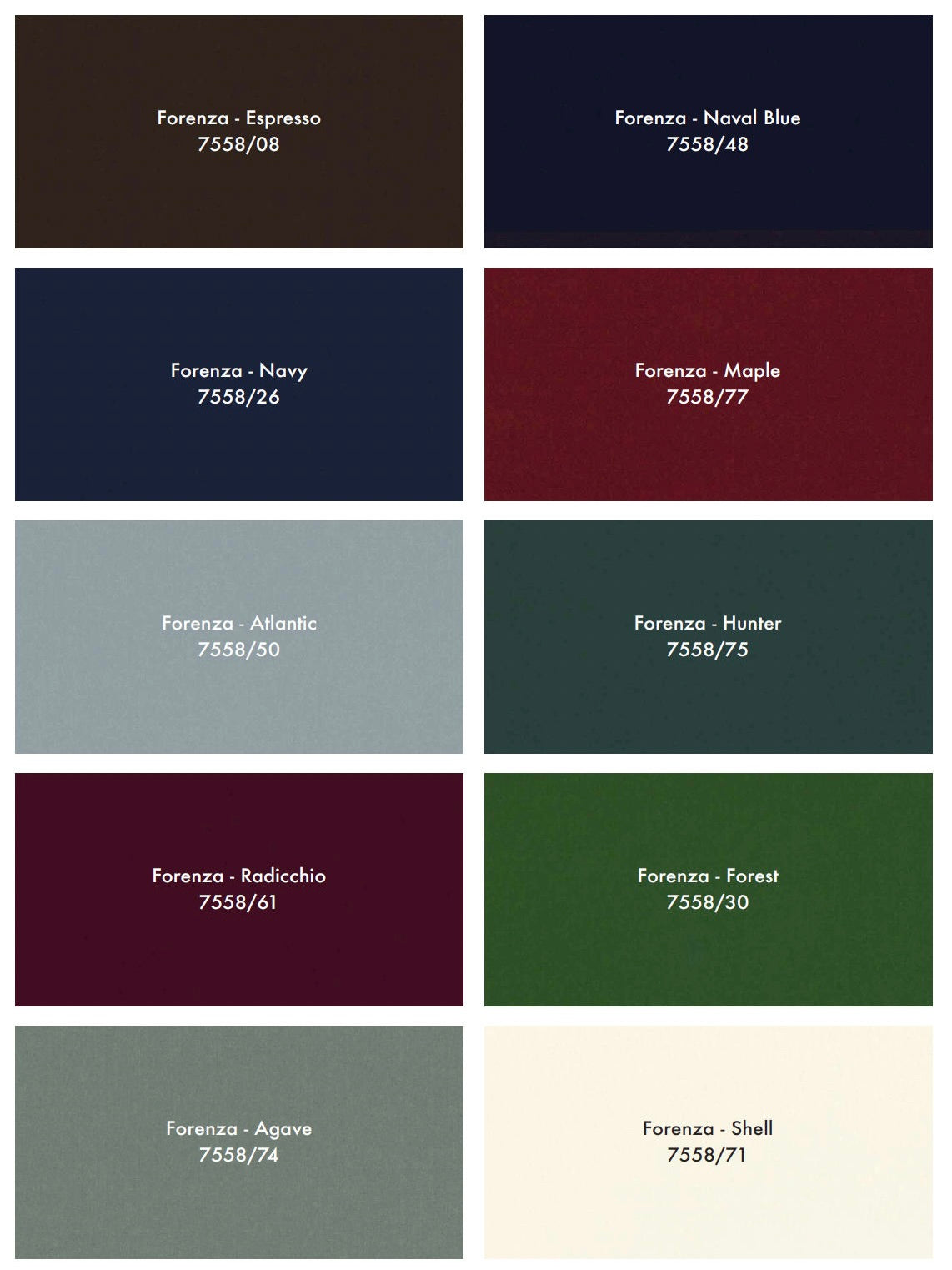 A collection of ten fabric swatches, made from Forenza cotton velvet, presents a palette inspired by Italian 1950s design. Each swatch is labeled with color names such as Espresso, Naval Blue, and Radicchio. These swatches offer perfect shades in brown, blue, red, green, and cream to complement the "Kent" Armchair by Lemon.