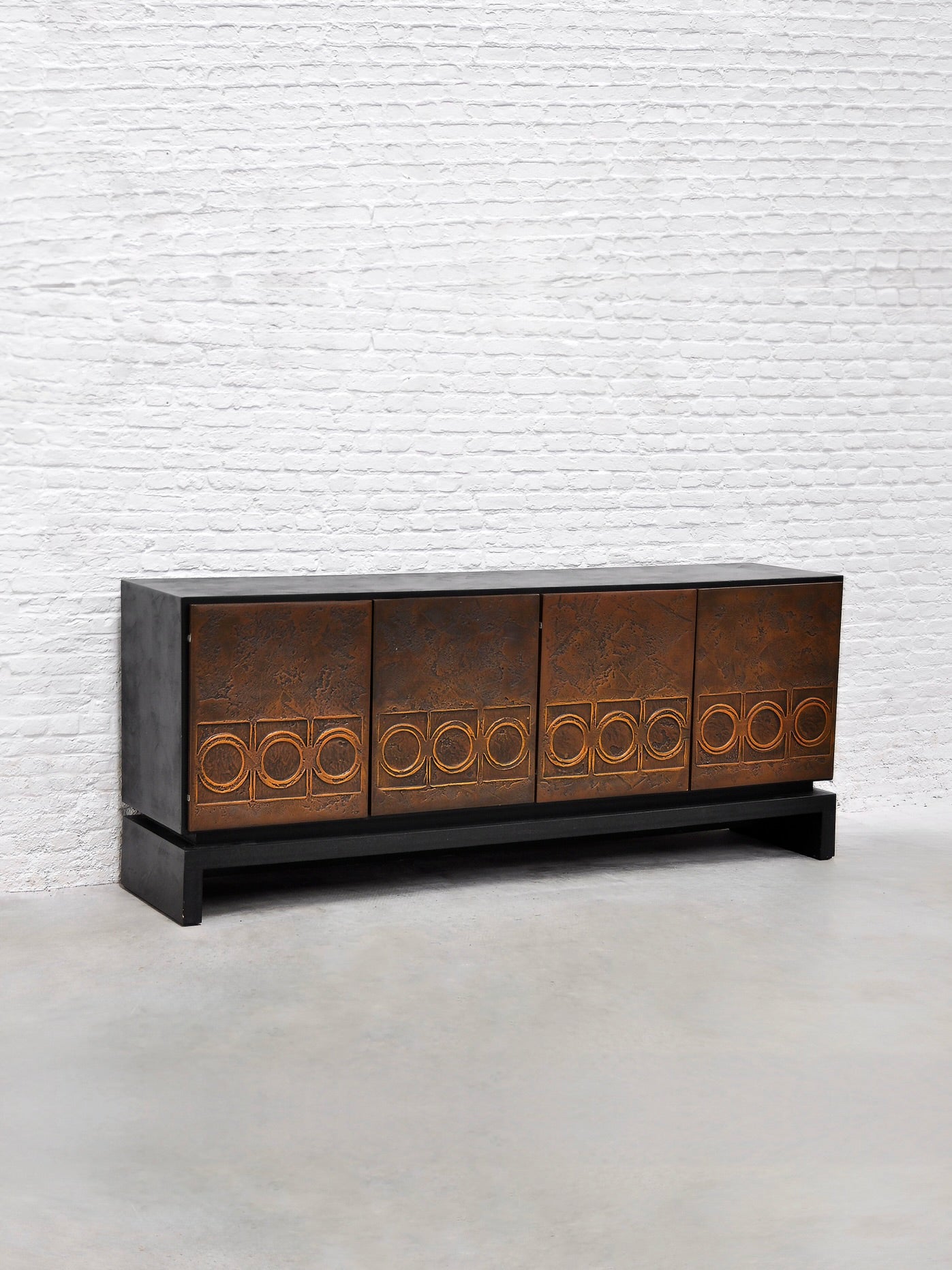 Brutalist Bronze-Clad Sideboard with Textured Wood Frame, 1970's