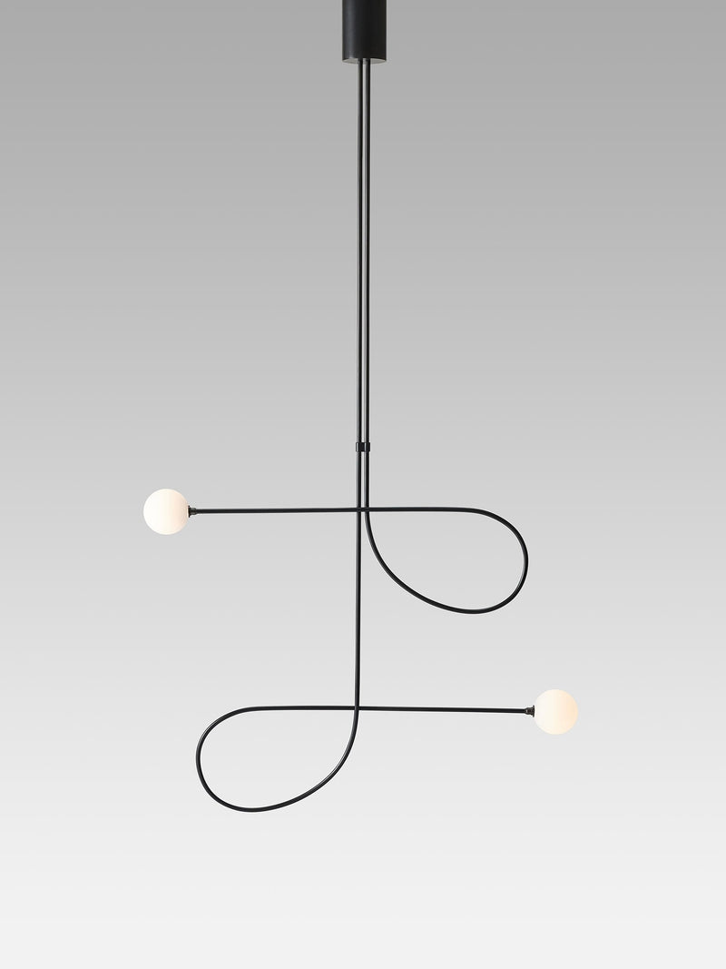 Modern black pendant light with curved tubular arms and two spherical bulbs
