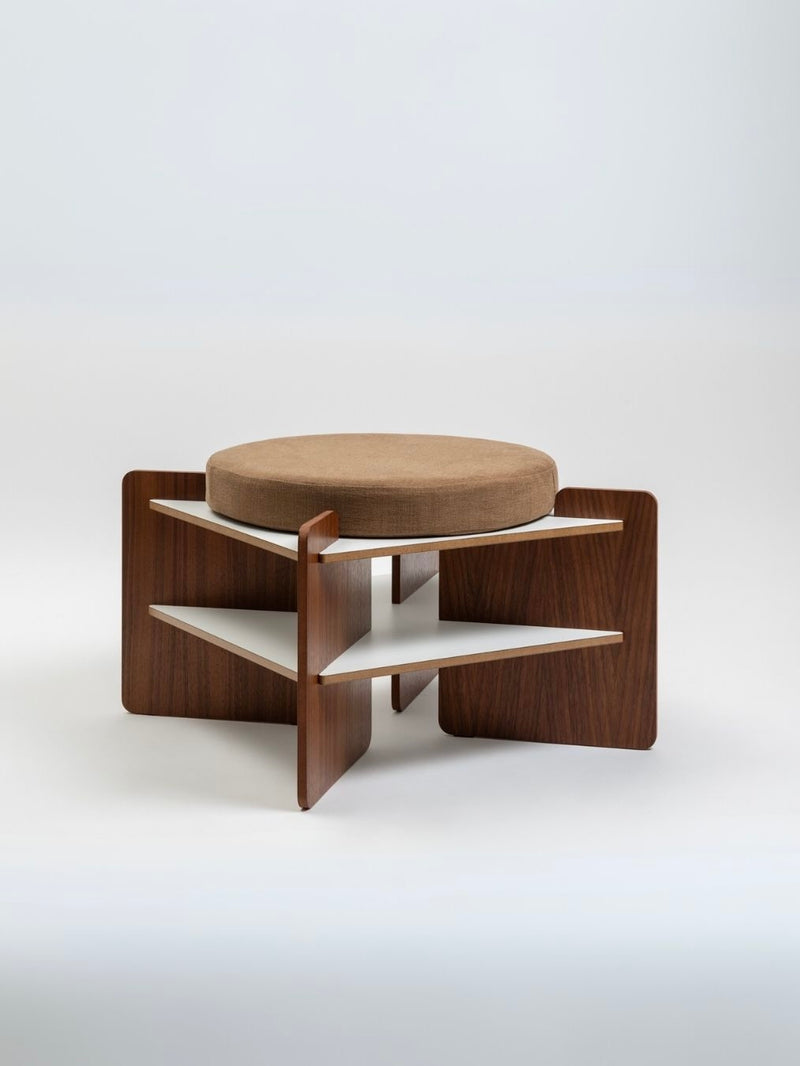 Modern wooden stool with round beige cushion and geometric base