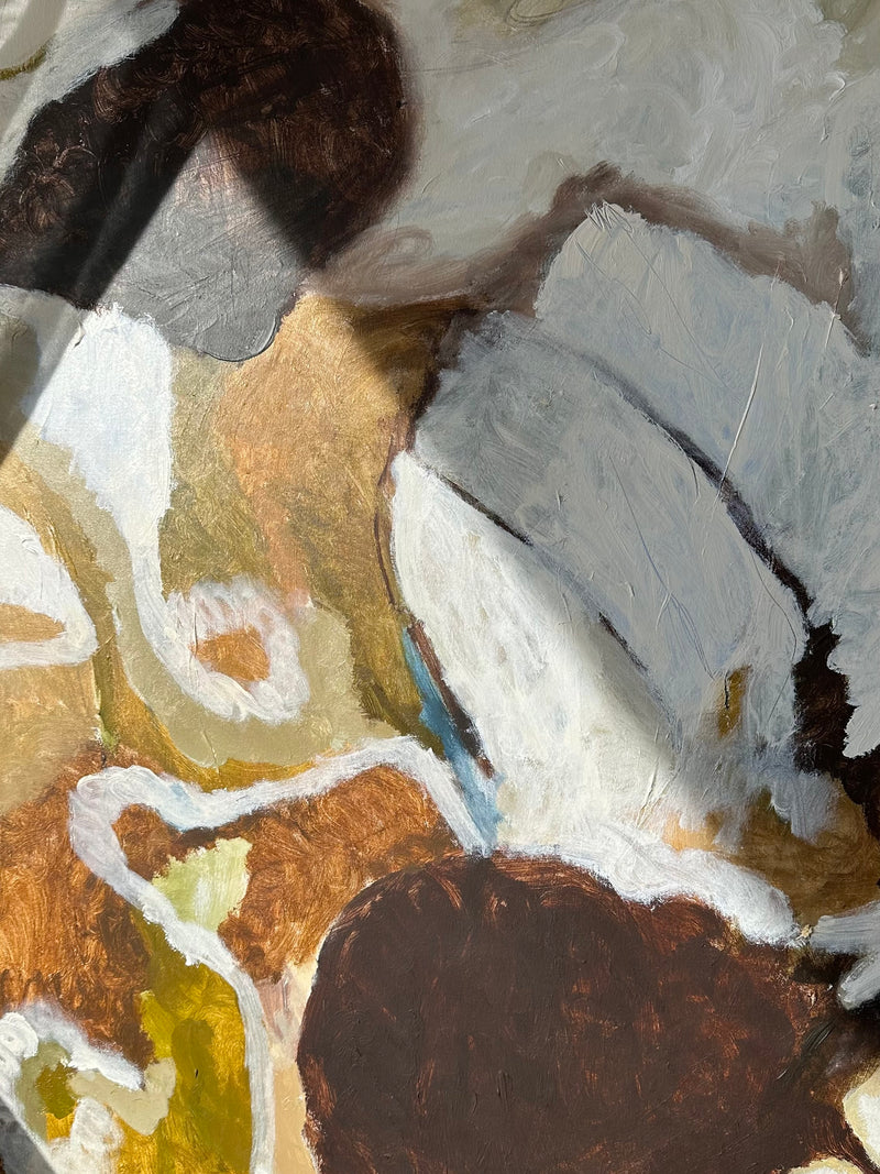 I’d Cross The Earth To You" by Natasha France is an abstract painting featuring bold brushstrokes in shades of brown, white, and muted green. The composition showcases swirling and layered textures with a dynamic interplay of light and shadow, evoking tenderness and commitment. The overall mood appears both organic and fluid.